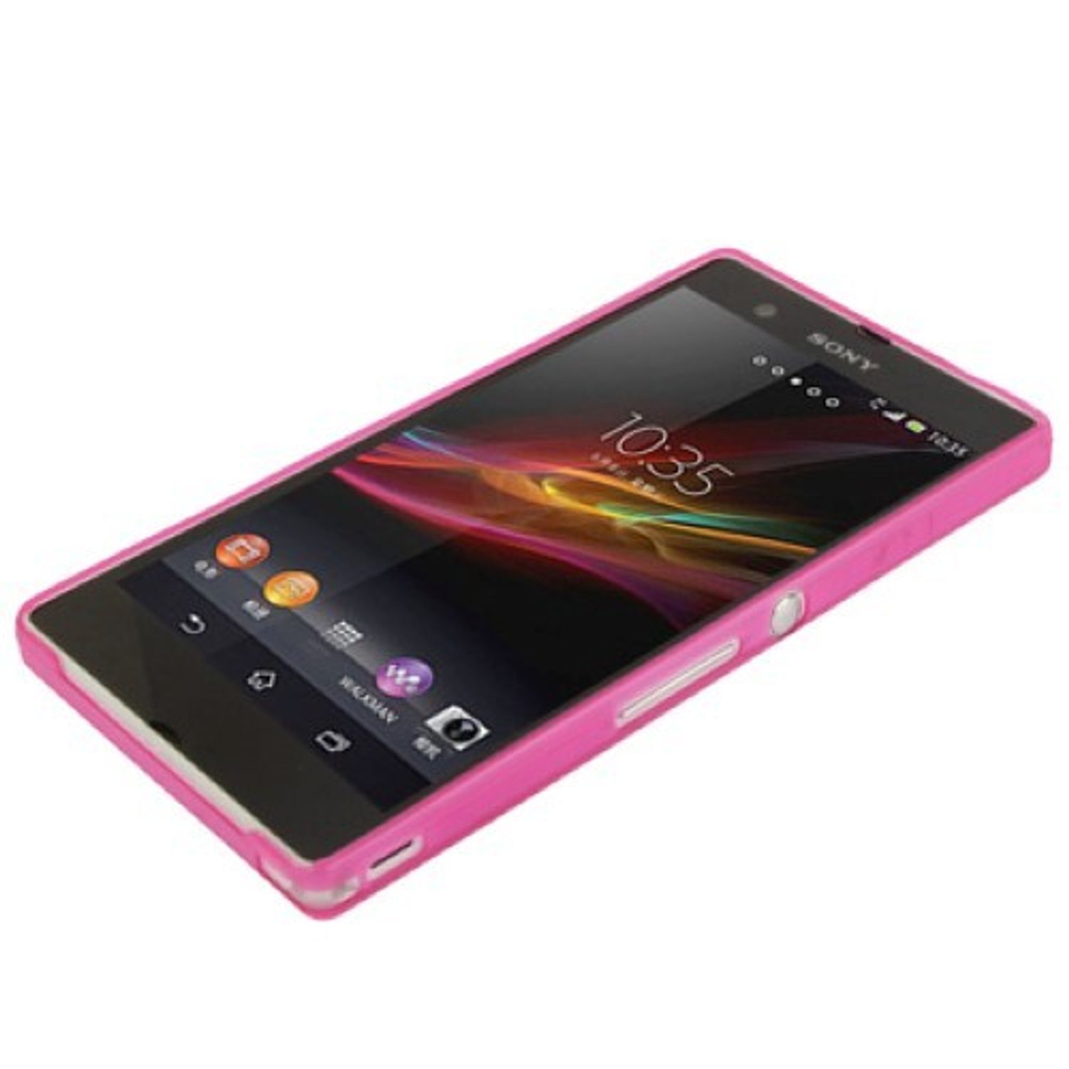 Rosa Telefon mit schwarzem Bildschirm, der App-Symbole anzeigt. Das Telefon ist in einer rosa Hülle.