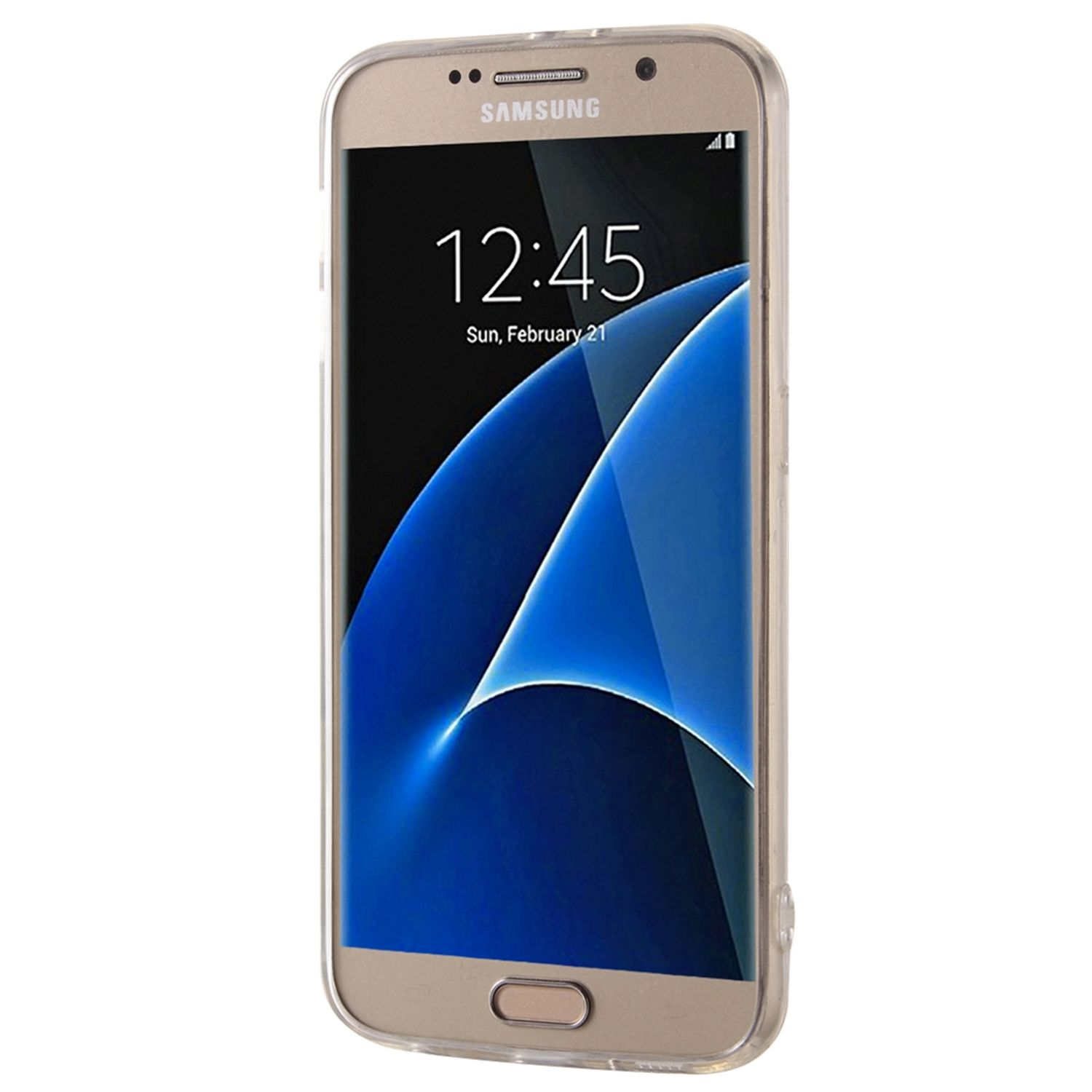Goldenes Samsung-Telefon mit transparentem Gehäuse. Isoliert auf Weiß.