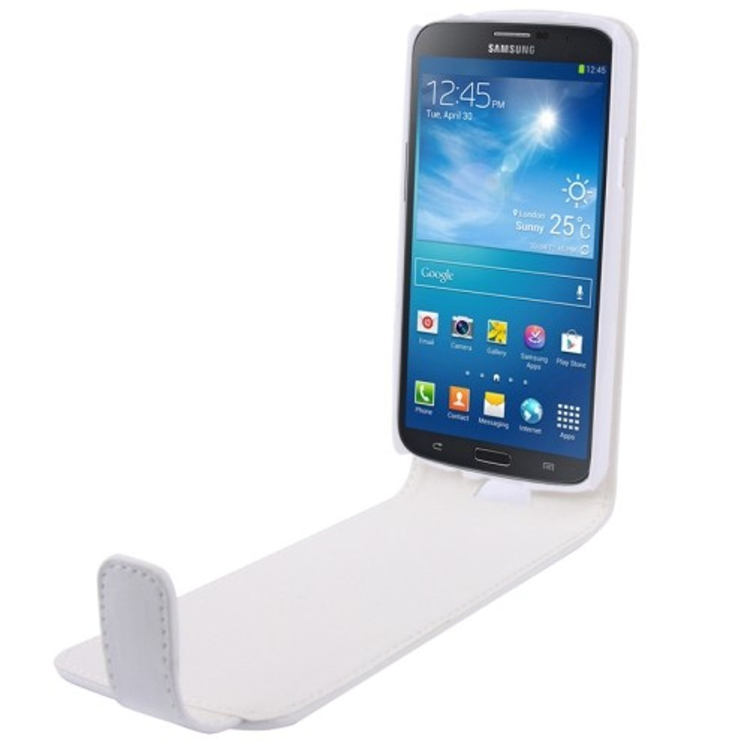 Samsung-Handy mit offener weißer Hülle, Bildschirm mit Uhrzeit, weißer Hintergrund.