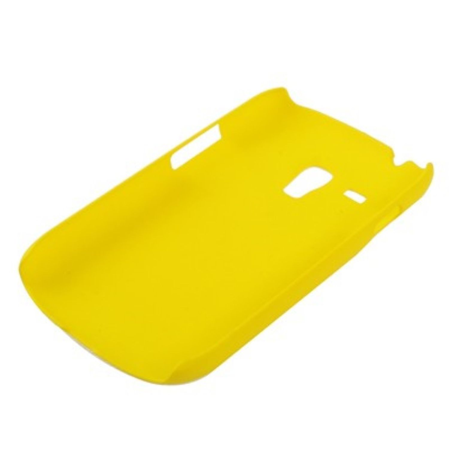 Gelbe Handyhülle mit Aussparungen, schräge Ansicht.