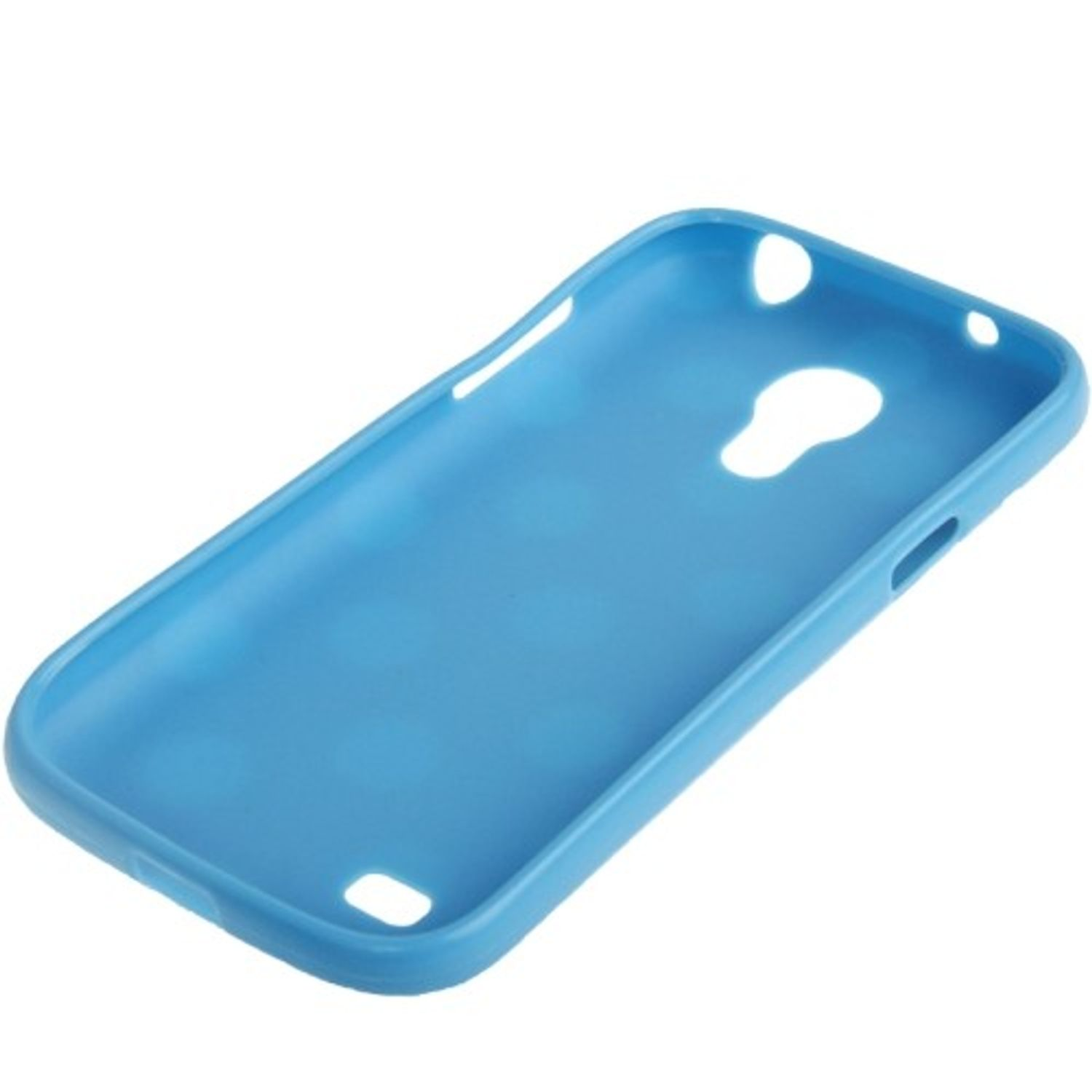 Eine hellblaue Handyhülle. Es hat ein geschwungenes Design mit Aussparungen für Kamera und Knöpfe. Die Hülle ist leer.