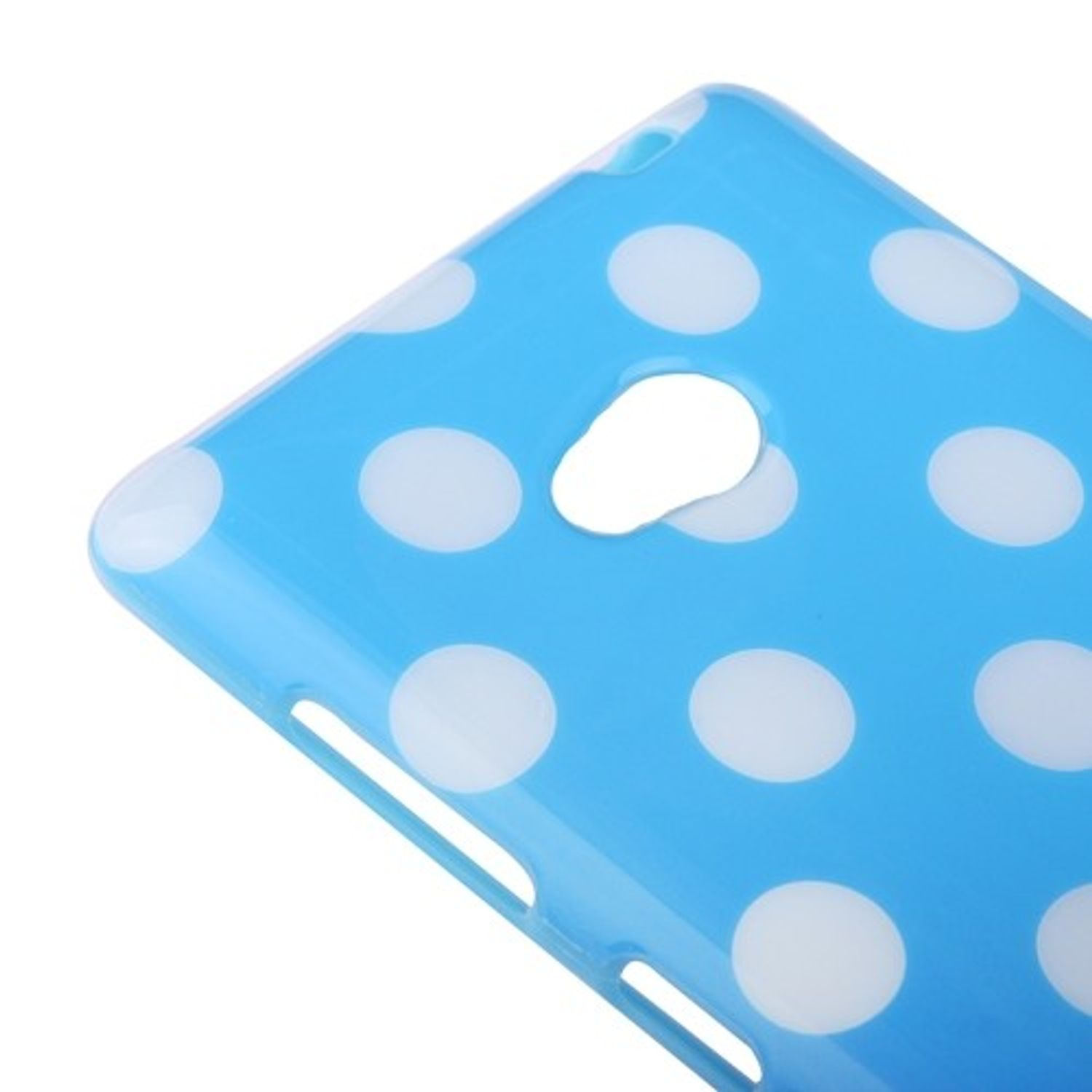 Blaue Handyhülle mit weißen Punkten. Die Hülle hat ein Loch für die Kamera.