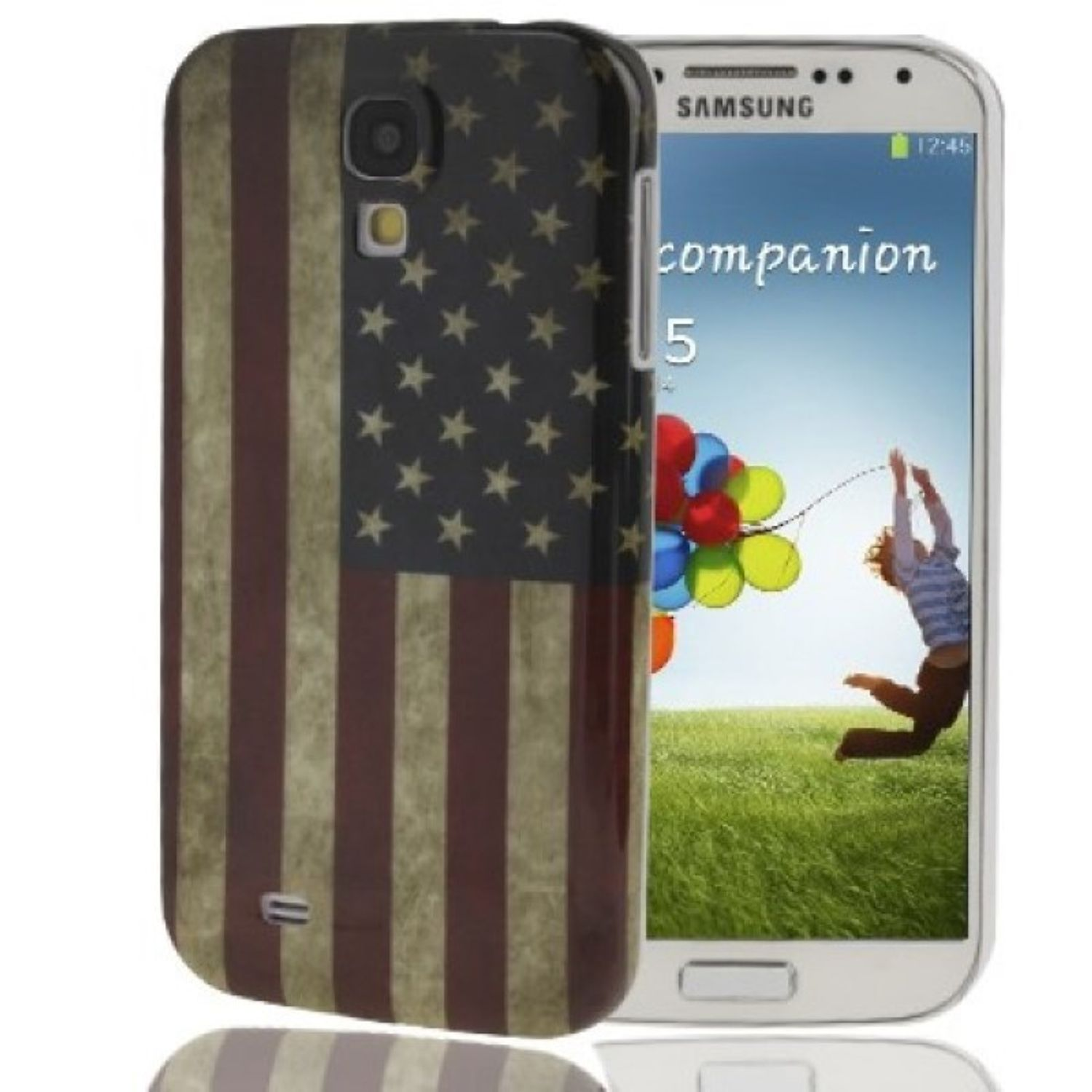 Telefon mit amerikanischer Flaggenhülle, neben einem anderen Telefon mit Bildschirm.