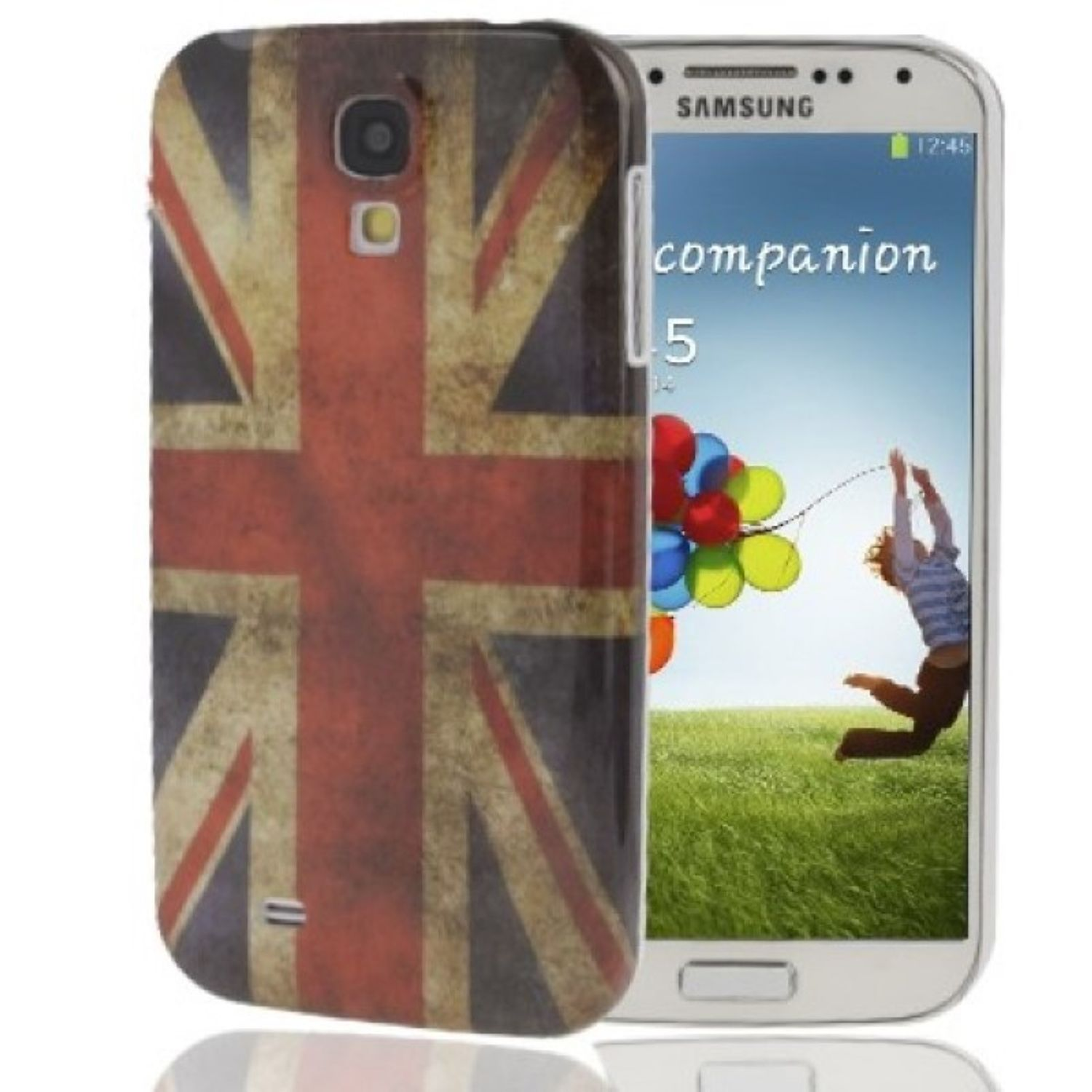 Telefon in Hülle mit Union Jack-Design. Weißer Hintergrund. Bild wird angezeigt.