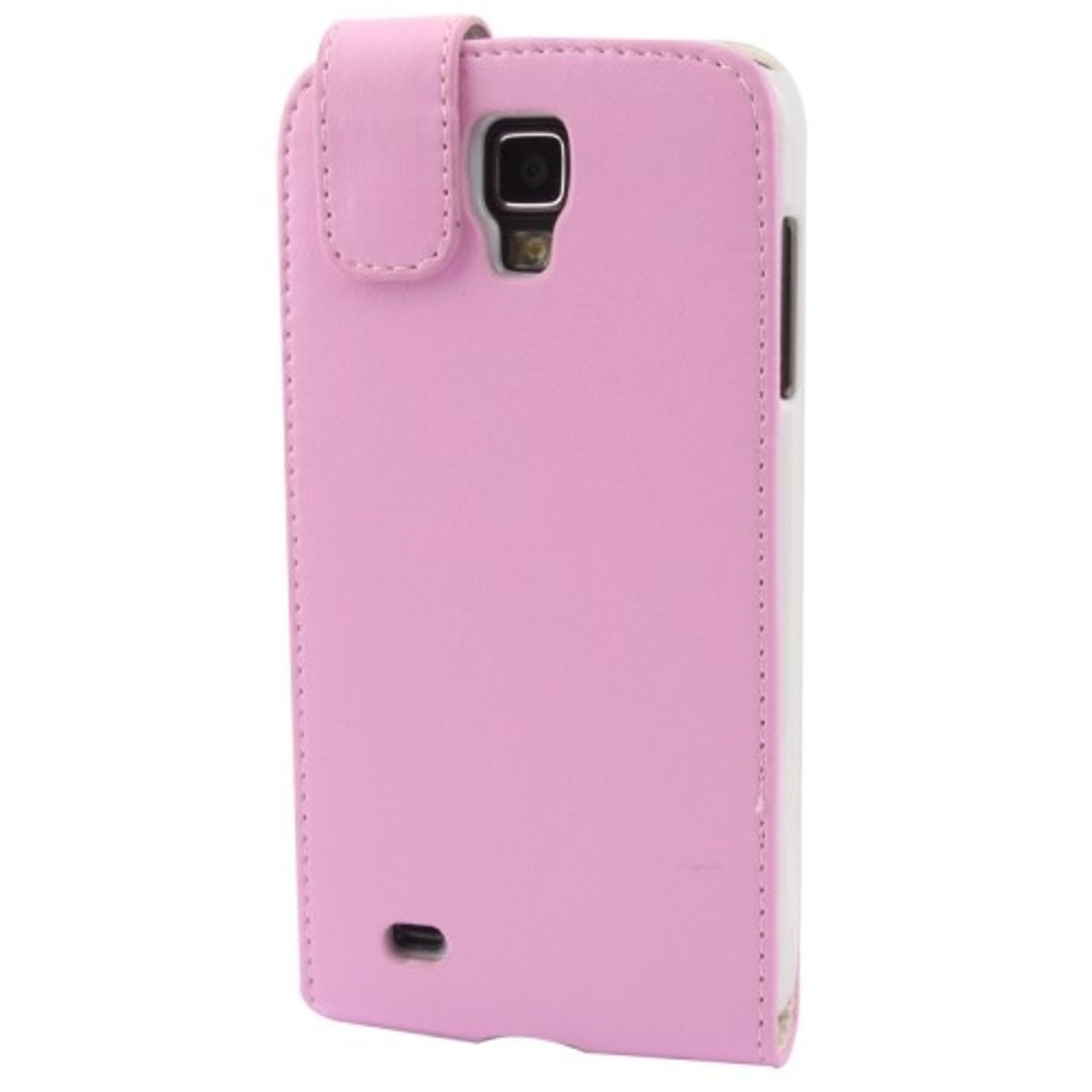 Pinke Handyhülle mit Klappe und Telefon. Telefon befindet sich in der Hülle.