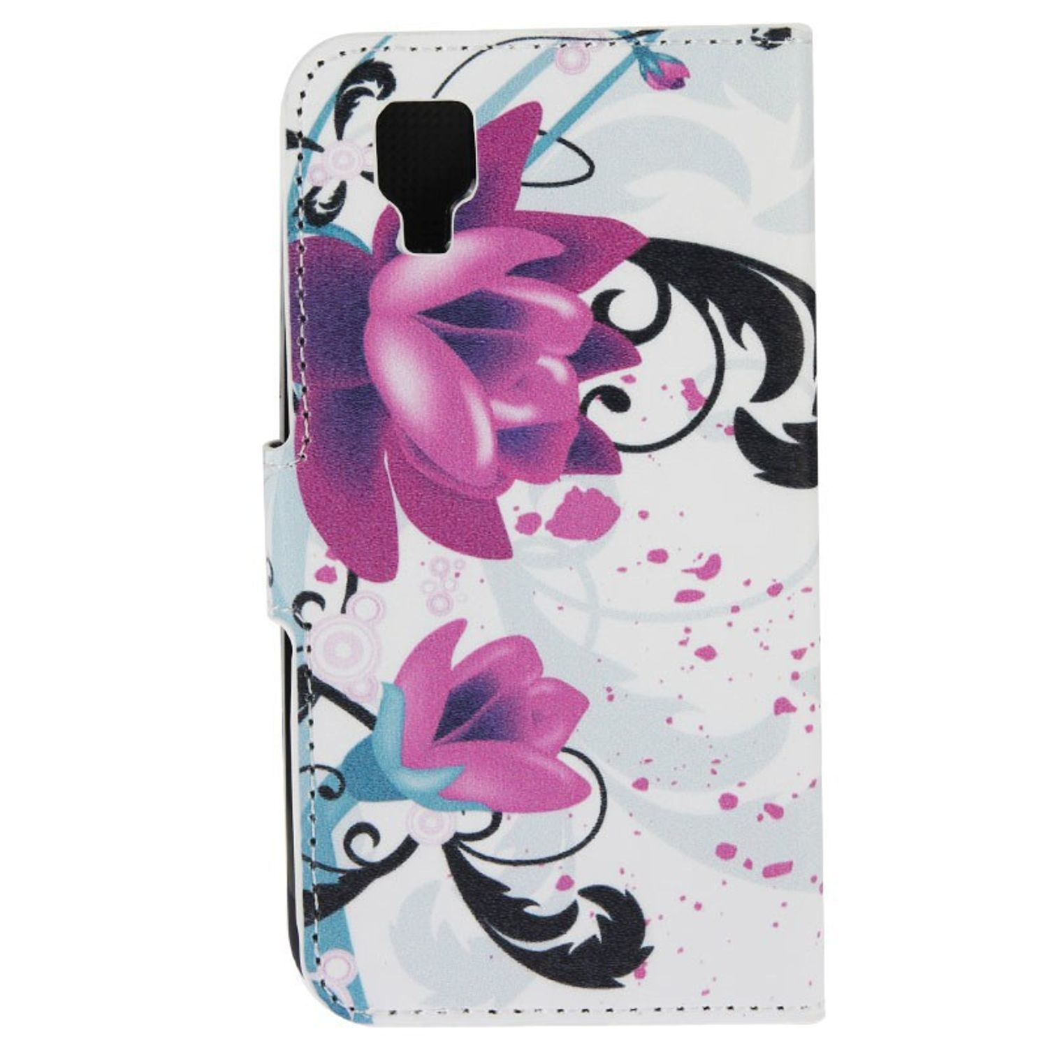 Weißes Handycase mit floralem Design und schwarzen Akzenten. Blumen sind lila. Der Hintergrund ist weiß.