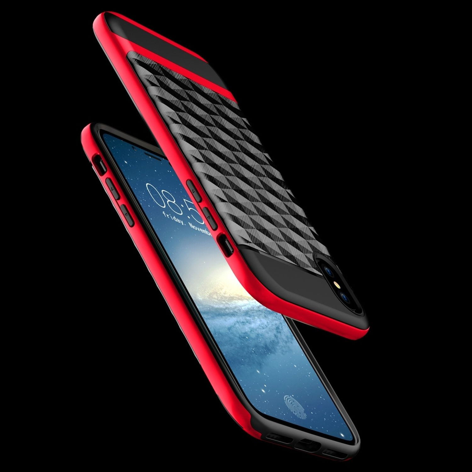 Zwei Telefone, eine rote und schwarze Hülle, eine schwarze mit roten Akzenten. Dunkler Hintergrund.