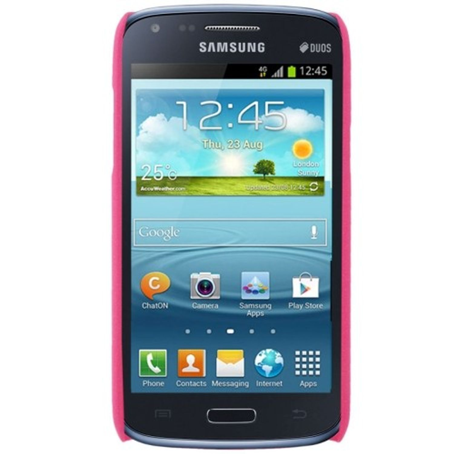 Pinkes Samsung-Telefon, schwarzer Bildschirm mit Oberfläche und Apps. Pinke Hülle.