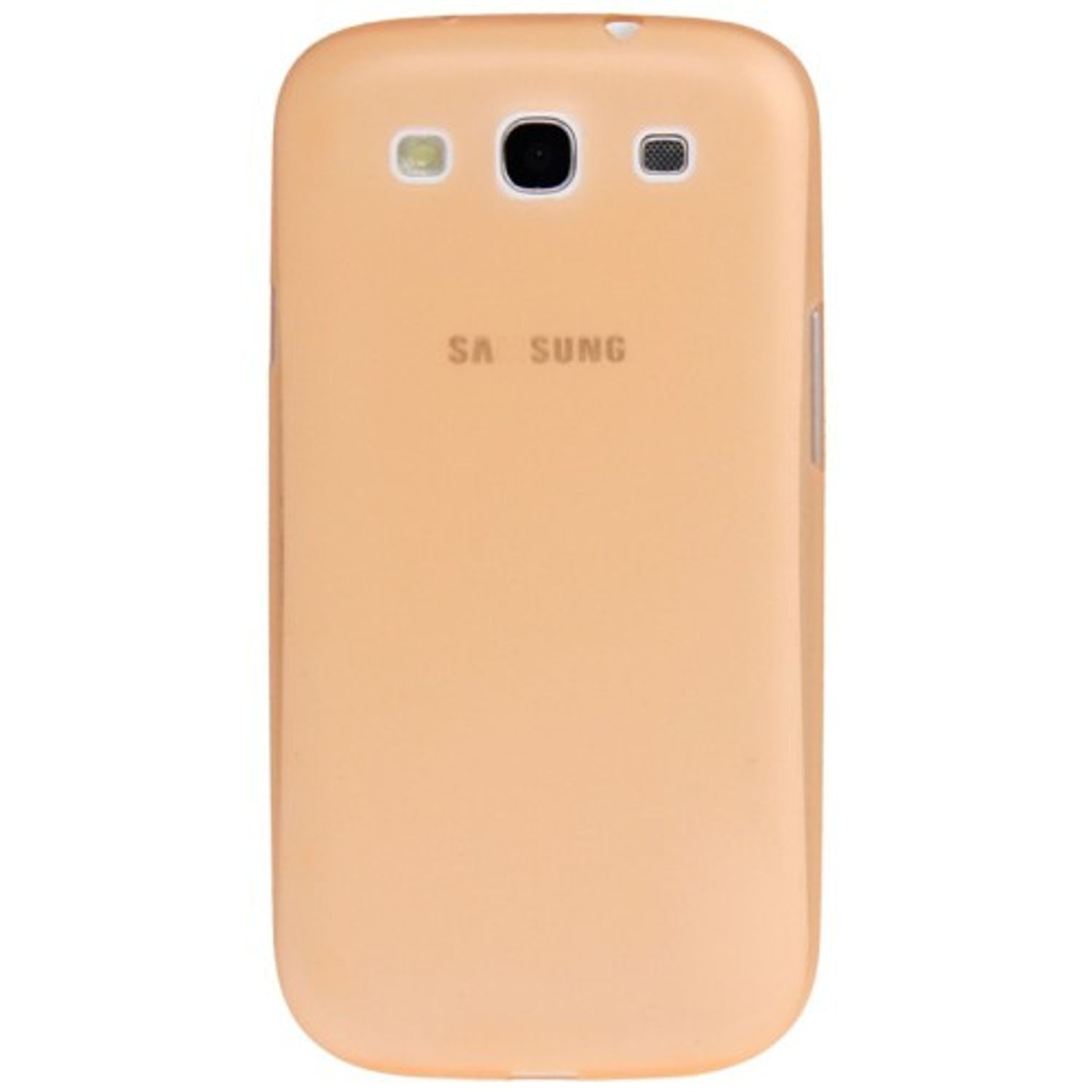 Hellbraune Handyhülle mit dem Wort SAMSUNG. Öffnungen für Kamera und Blitz.