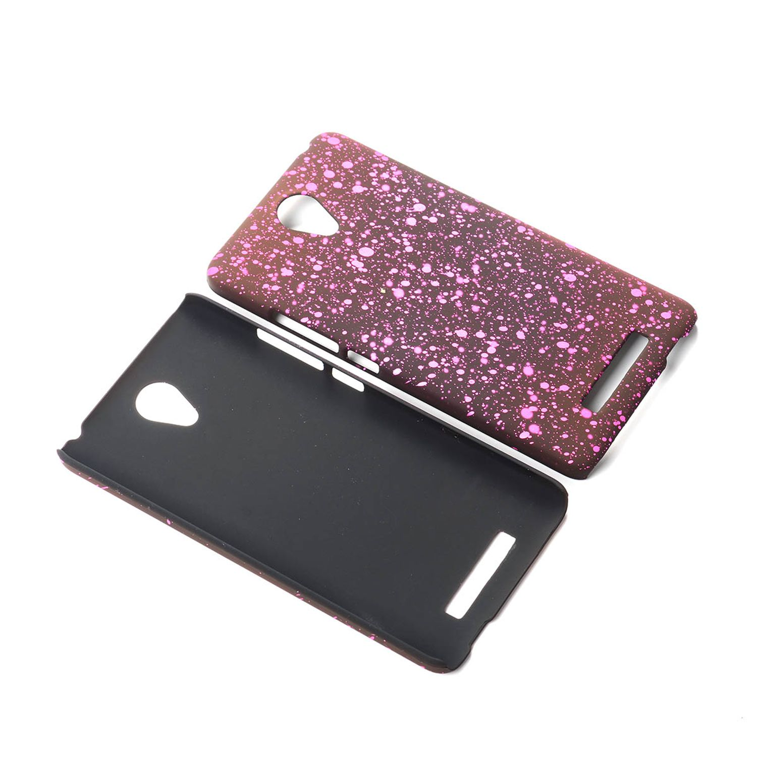 Zweiteilige Handyhülle in Braun und Pink. Die braune Hülle hat ein pinkfarbenes Spritzmuster. Der Hintergrund ist weiß.