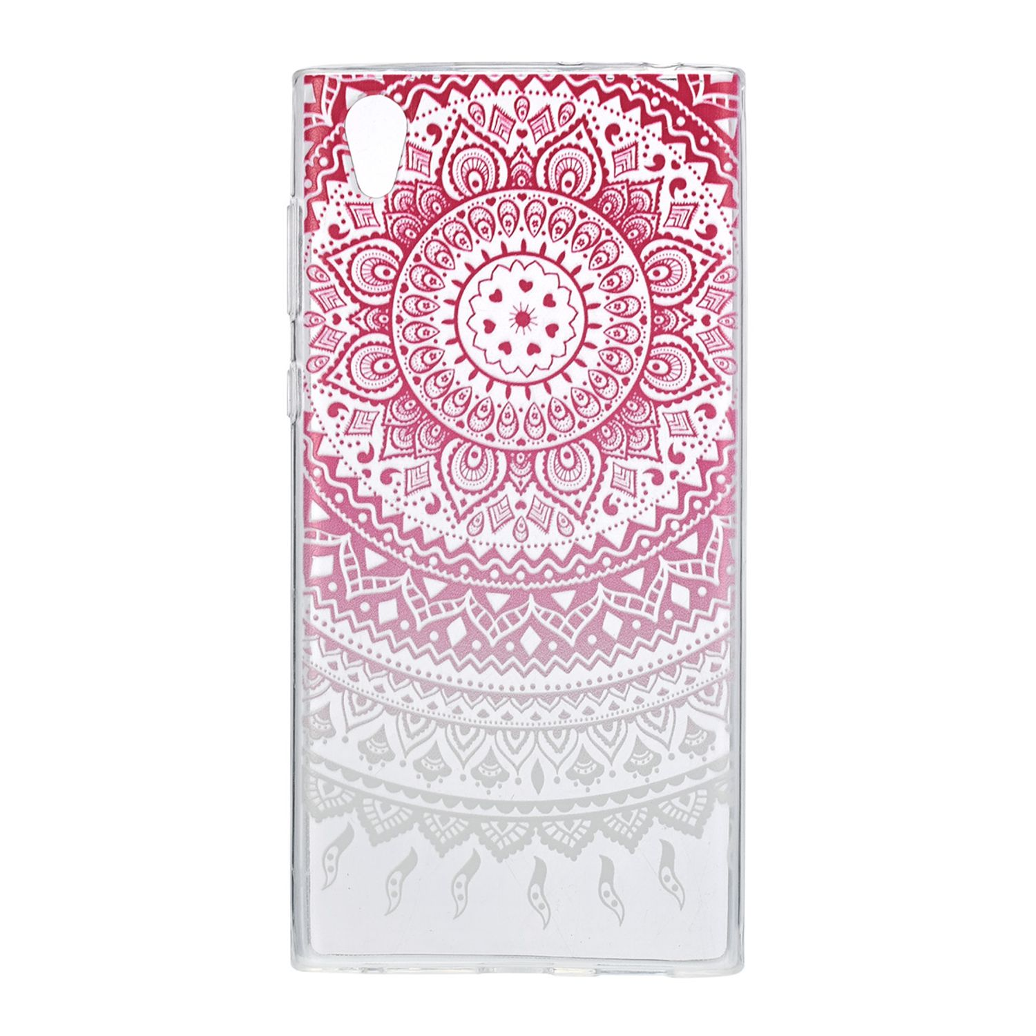 Handyhülle mit Mandala-Muster, rosa und weißem Farbverlauf. Weißer Hintergrund.