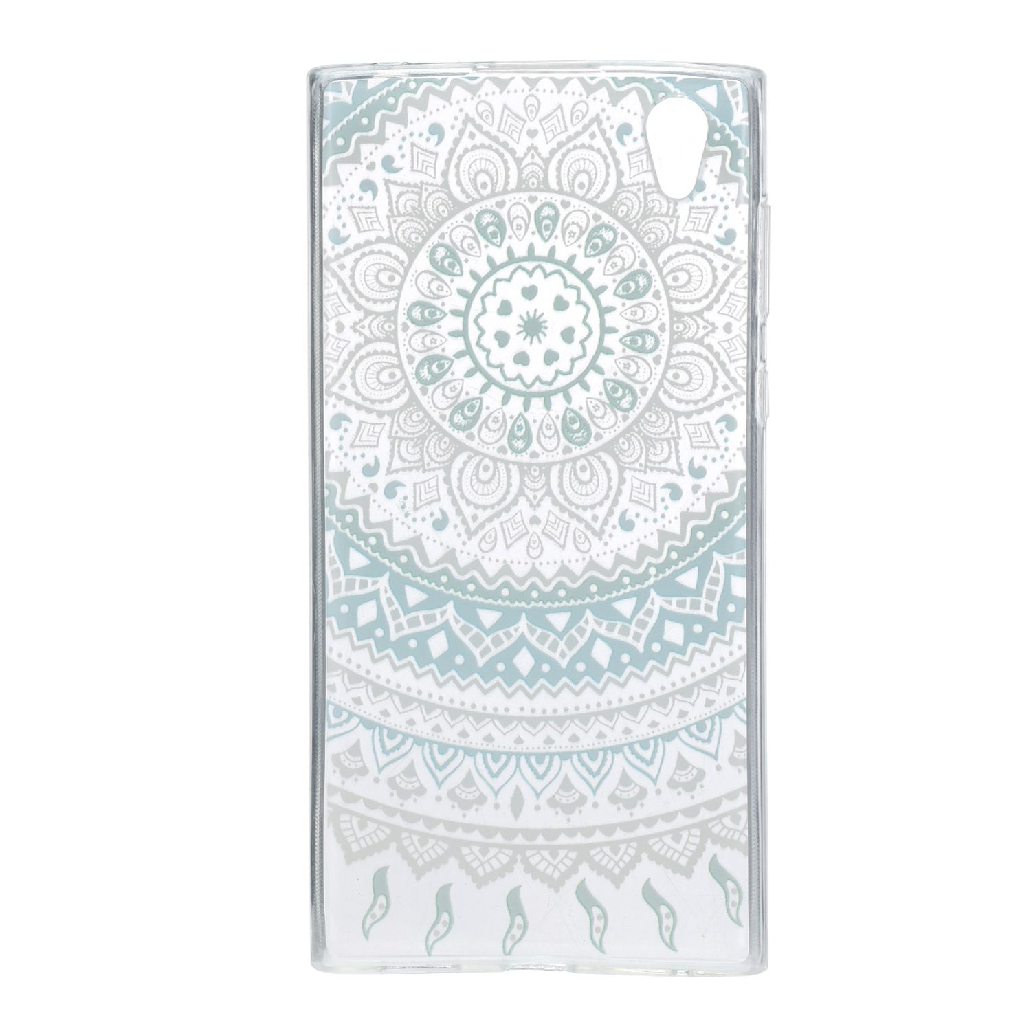 Transparente Handyhülle mit einem Mandala-Design in Hellblau- und Grautönen.