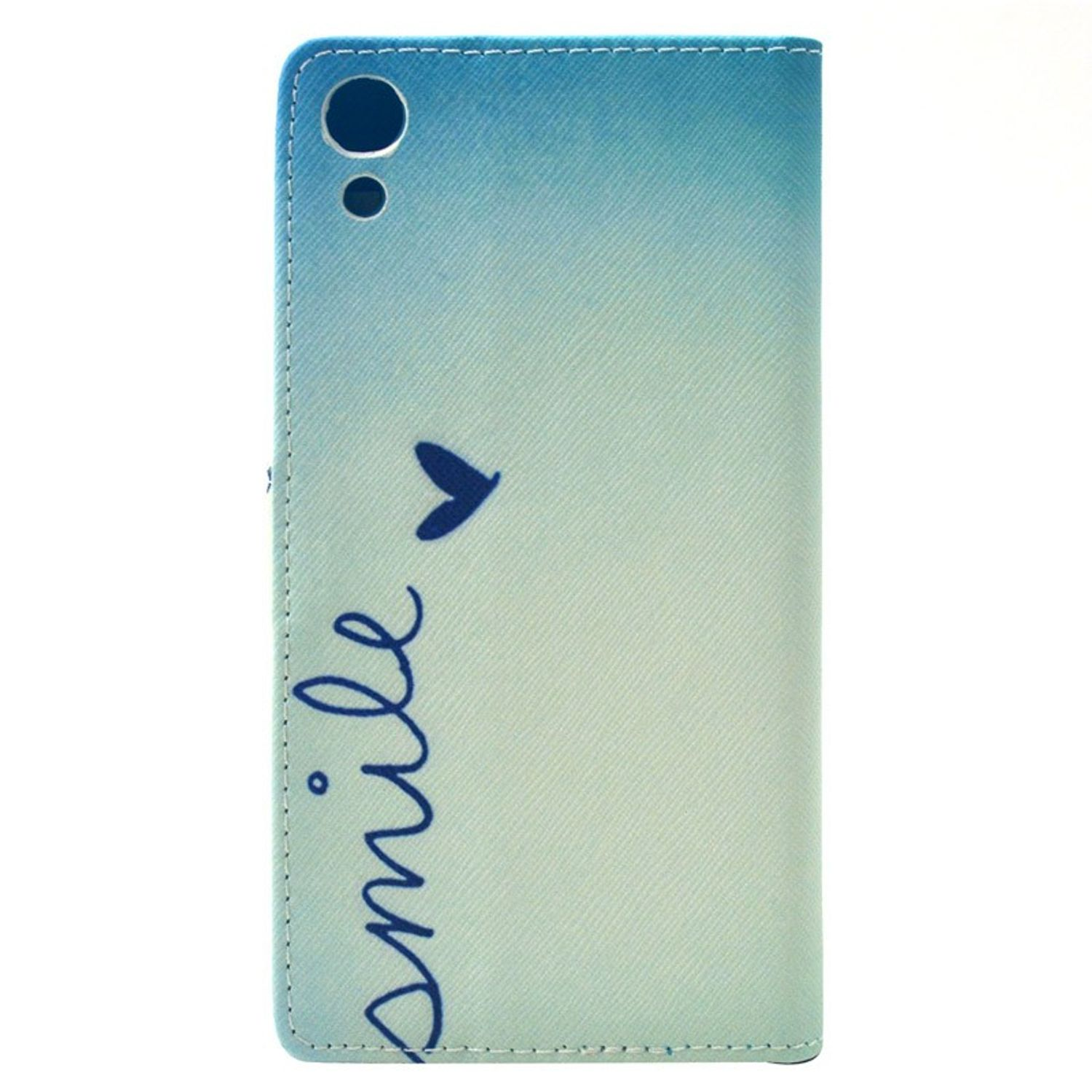 Blau-weiße Handyhülle mit dem Wort „smile“ in Schreibschrift und einem kleinen Vogel-Icon.