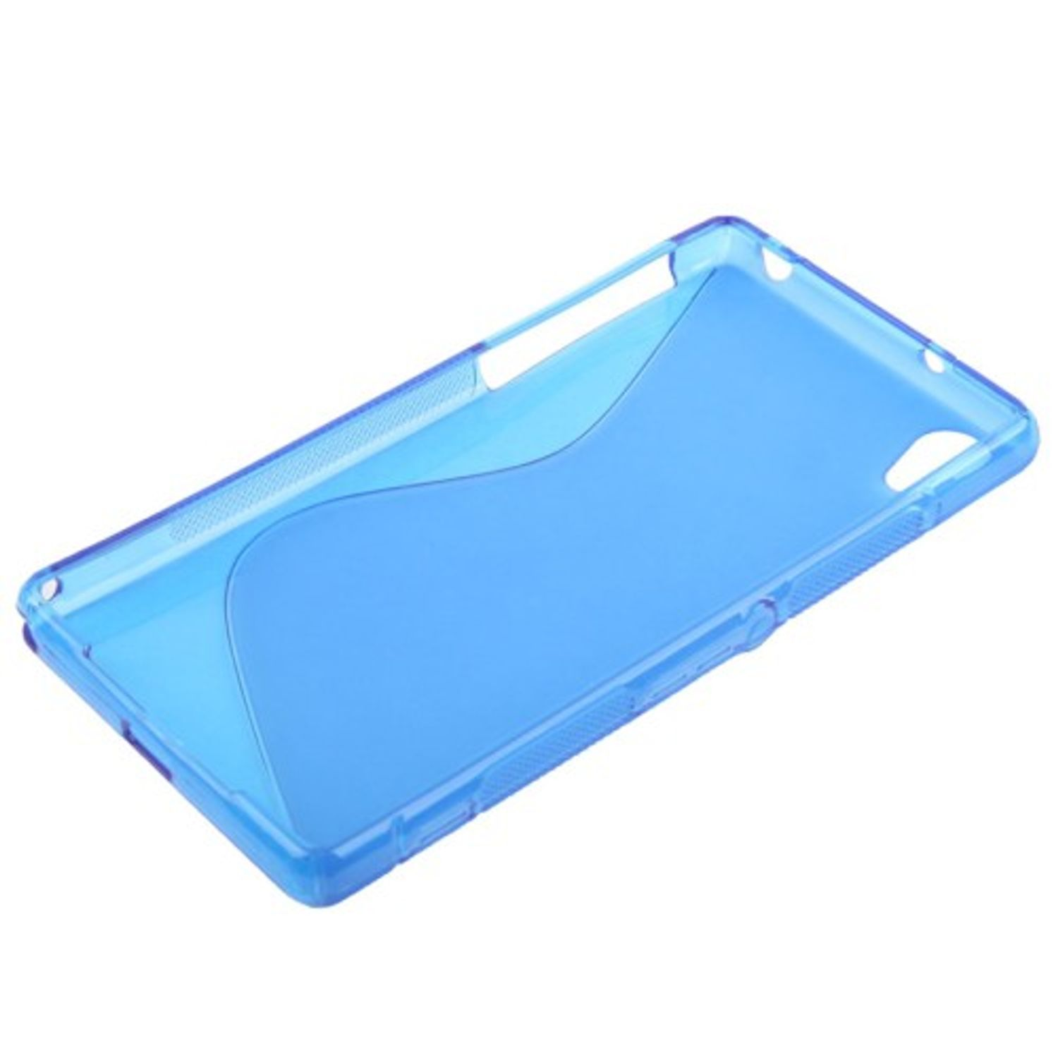 Blaue transparente Handyhülle auf weißem Hintergrund.