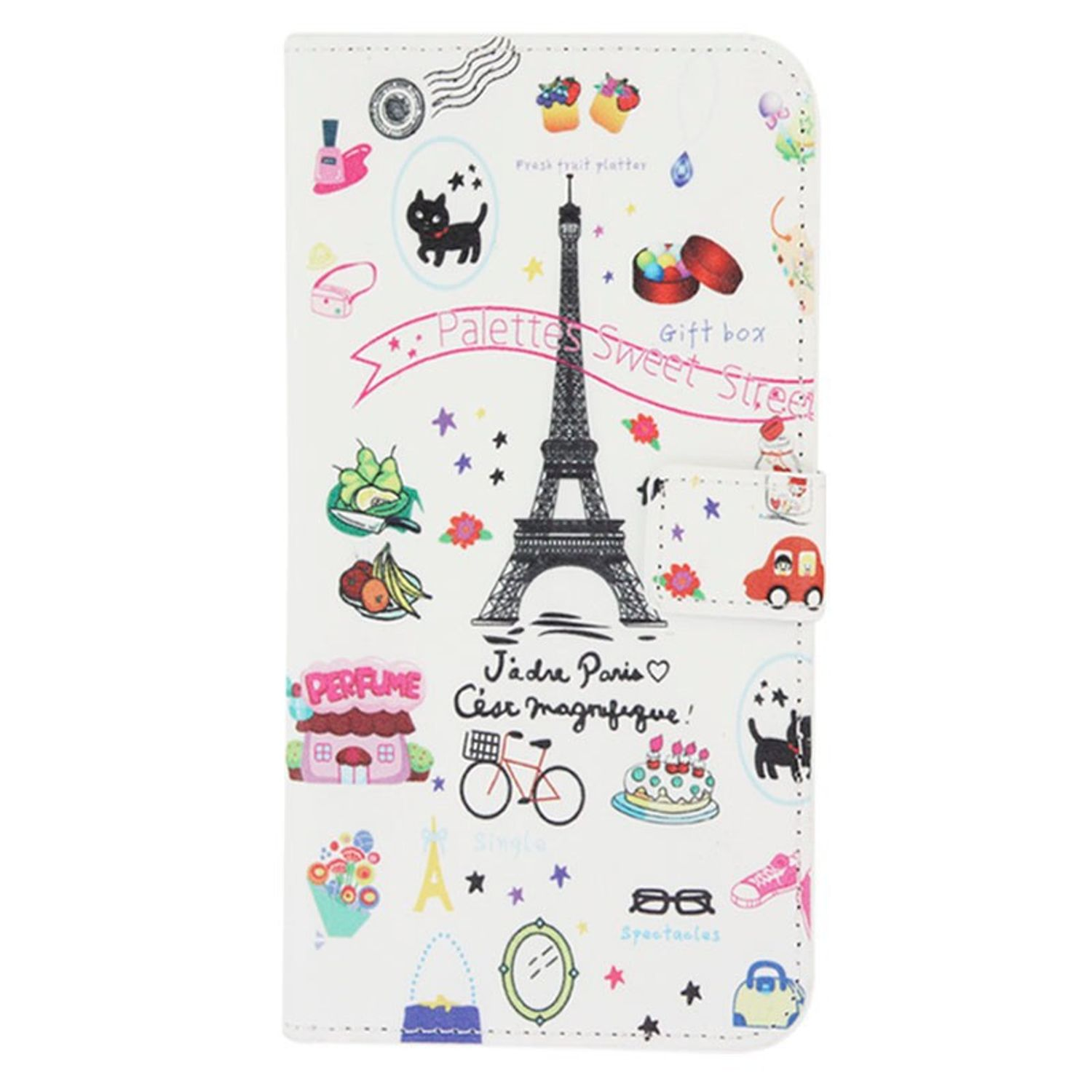 Eine weiße Handyhülle mit bunten Illustrationen von Paris und verschiedenen Objekten.