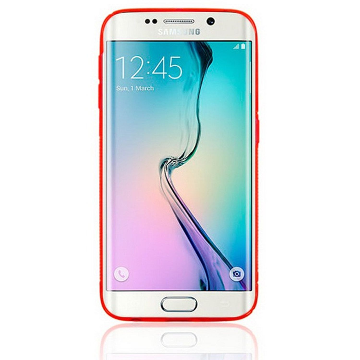 Weißes Samsung-Telefon mit roter Hülle. Der Bildschirm zeigt Zeit und Datum.