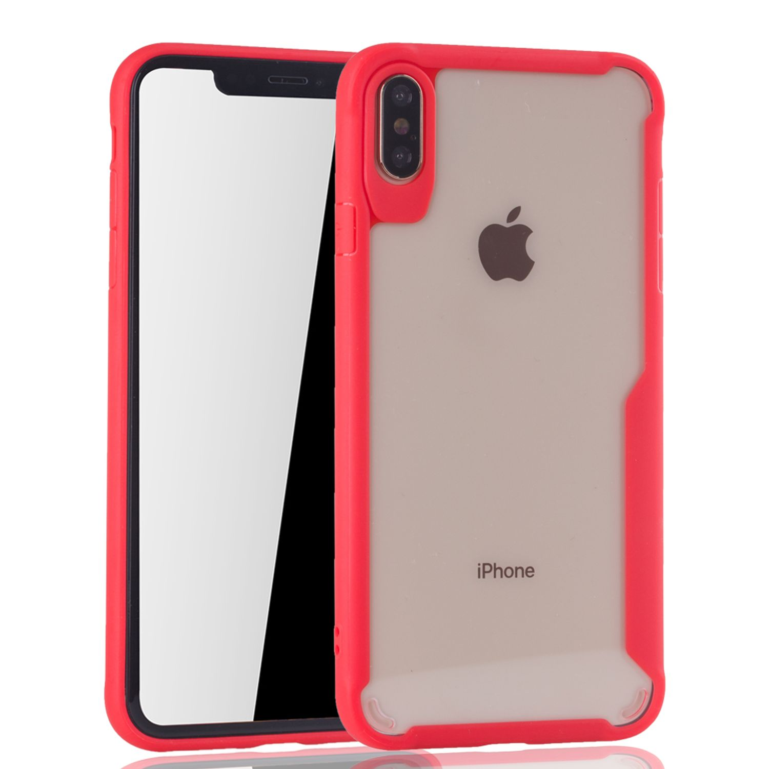 iPhone in roter und klarer Hülle. Das Telefon ist weiß, und die Hülle hat einen roten Rand.