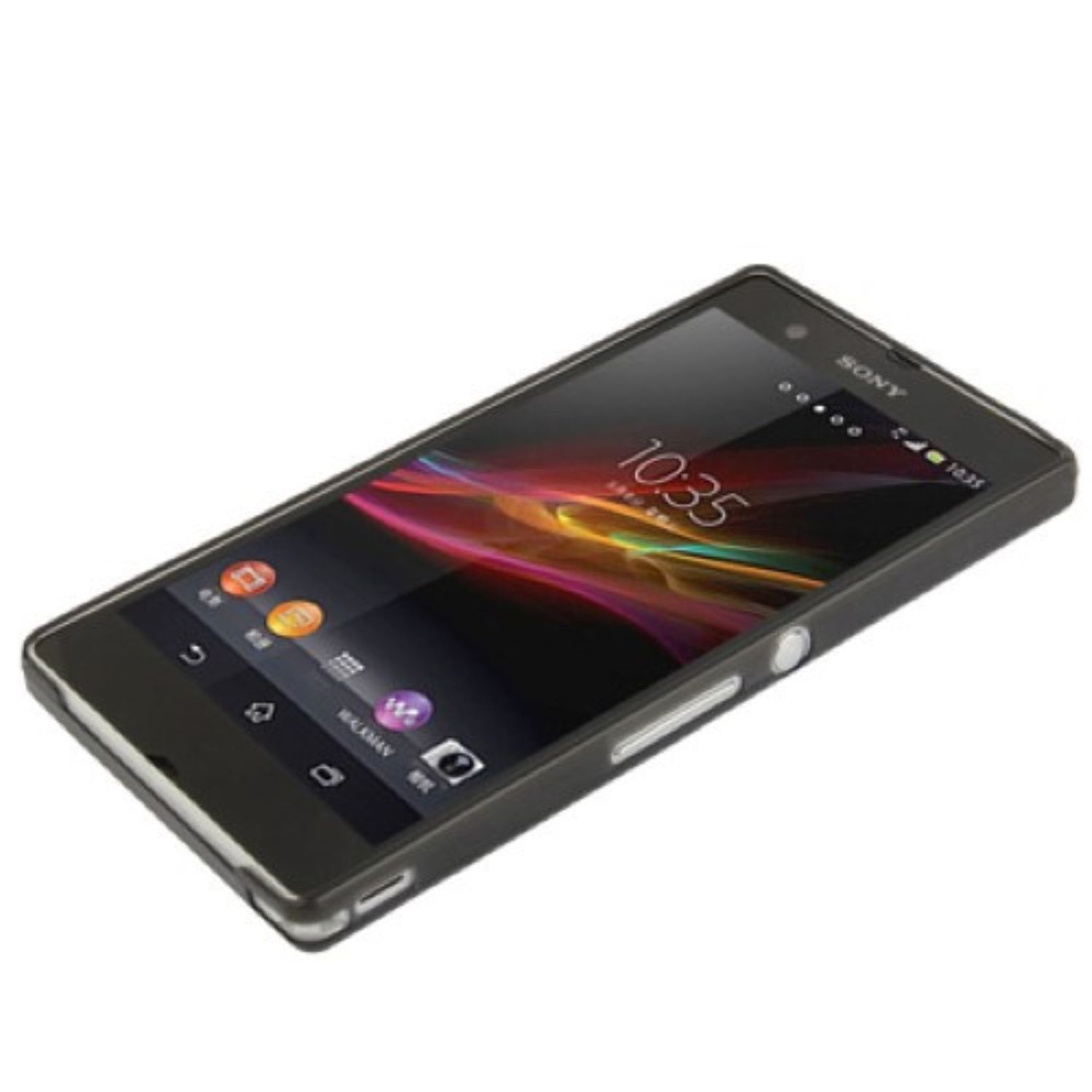 Ein schwarzes Smartphone mit Farbbildschirm. Weißer Hintergrund.