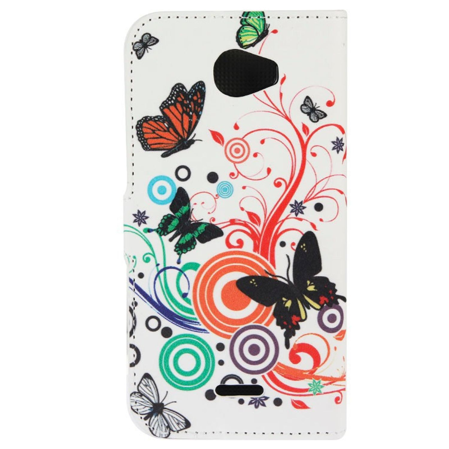 Weißes Handy-Case mit Schmetterlingsdesign und floralen Elementen.