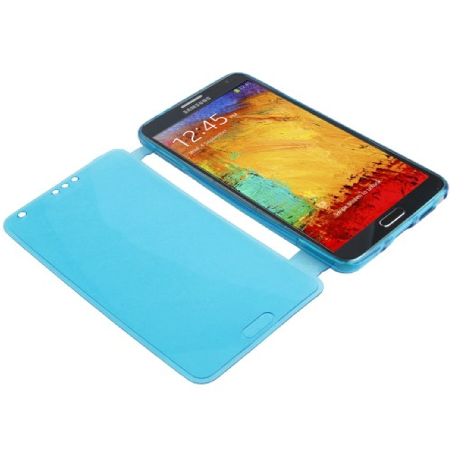 Eine blaue Handyhülle ist offen mit einem Telefon darin. Das Telefon hat einen blauen Bildschirm.