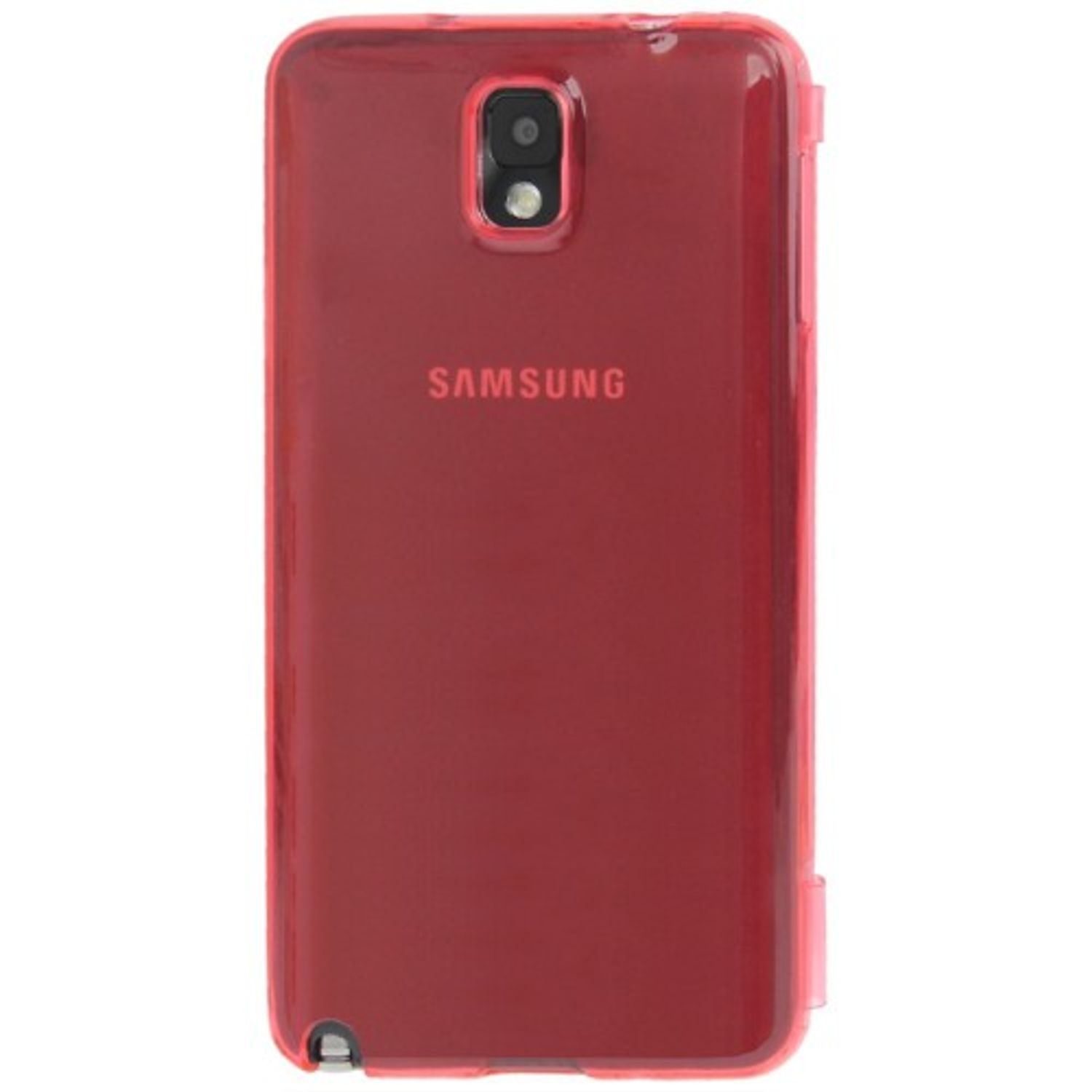 Eine rote Handyhülle mit Samsung-Logo. Die Kameralinse ist sichtbar.