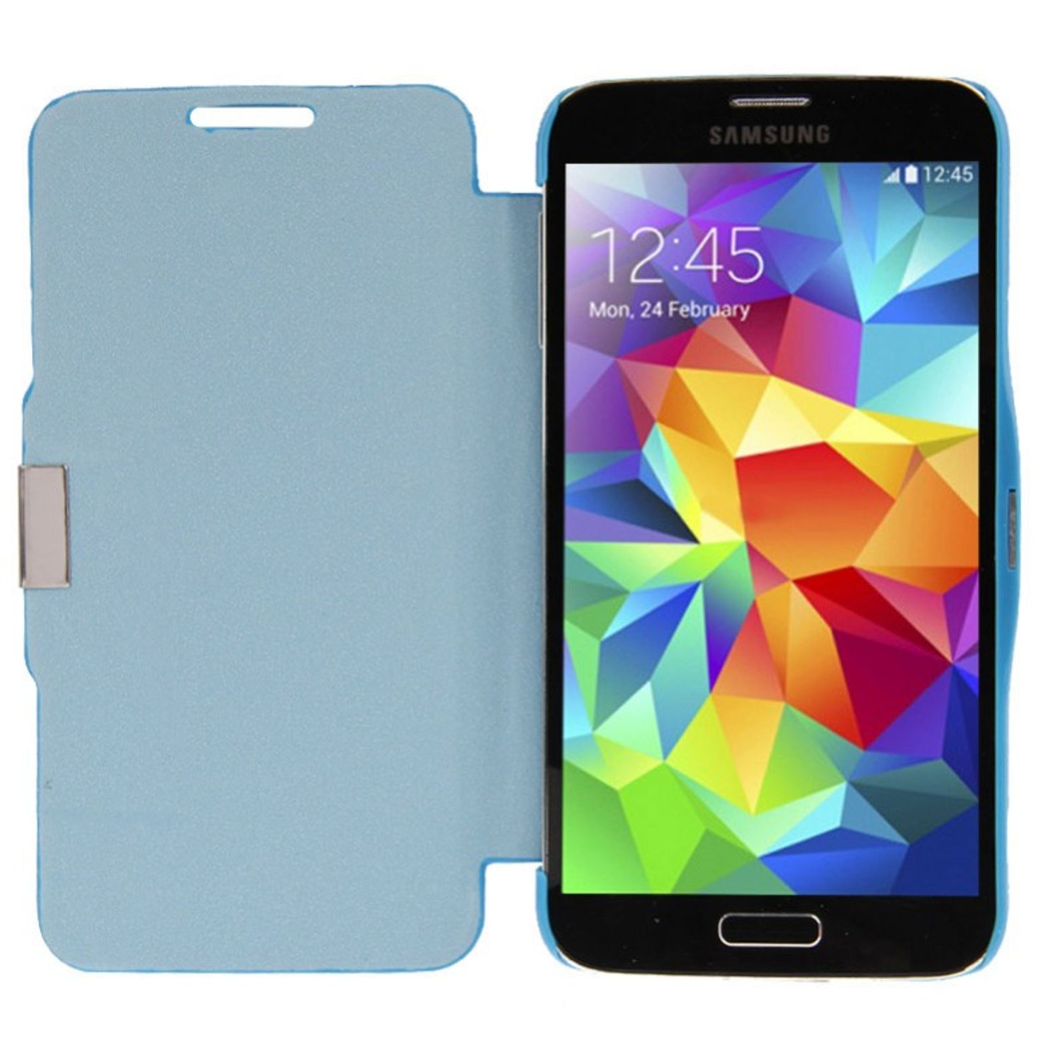 Samsung-Telefon in blauem Klappetui, Bildschirm zeigt farbenfrohe Kunst und die Uhrzeit.