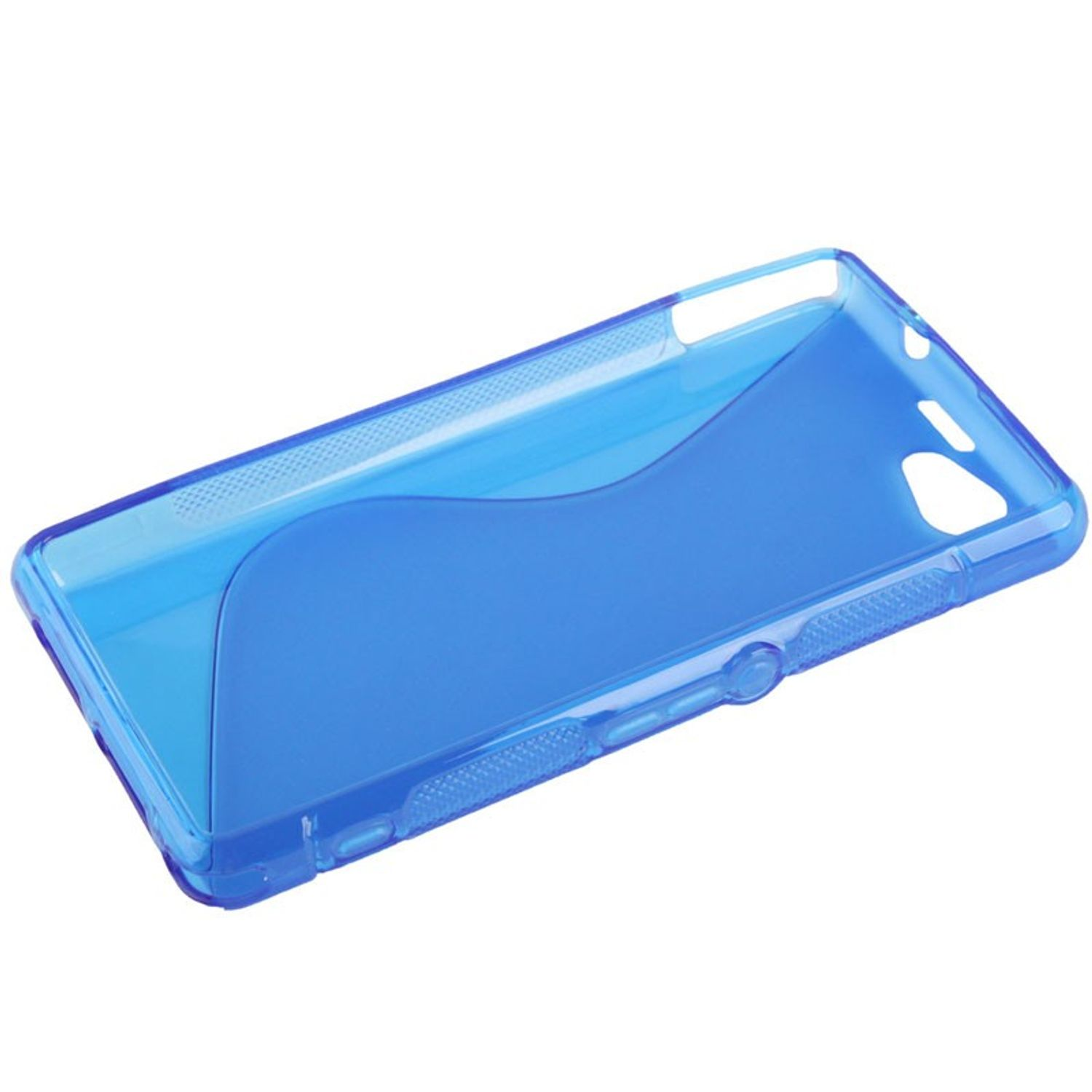 Eine transparente blaue Handyhülle. Sie hat ein Wellenmuster auf der Innenseite.