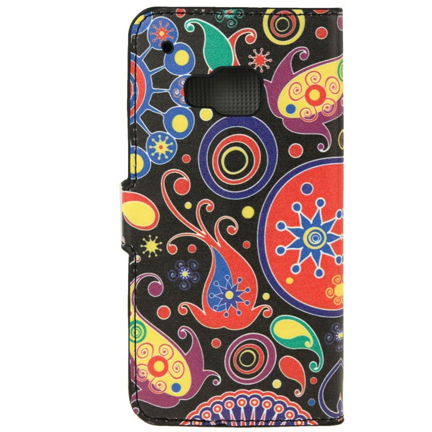 Schwarze Handyhülle mit buntem Paisley- und Blumenmuster. Offen, auf weißem Hintergrund.