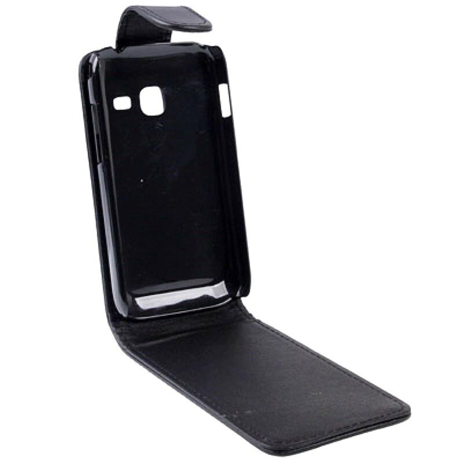 Schwarze Handyhülle, geöffnet, mit dem Telefon darin.