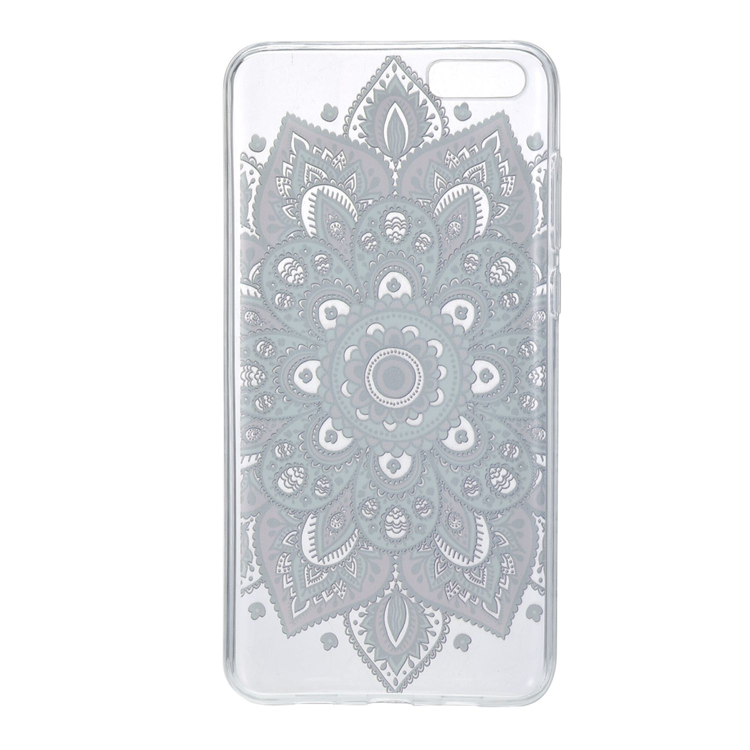 Transparente Handyhülle mit grauem Mandala-Design, sichtbar auf der Rückseite der Hülle.