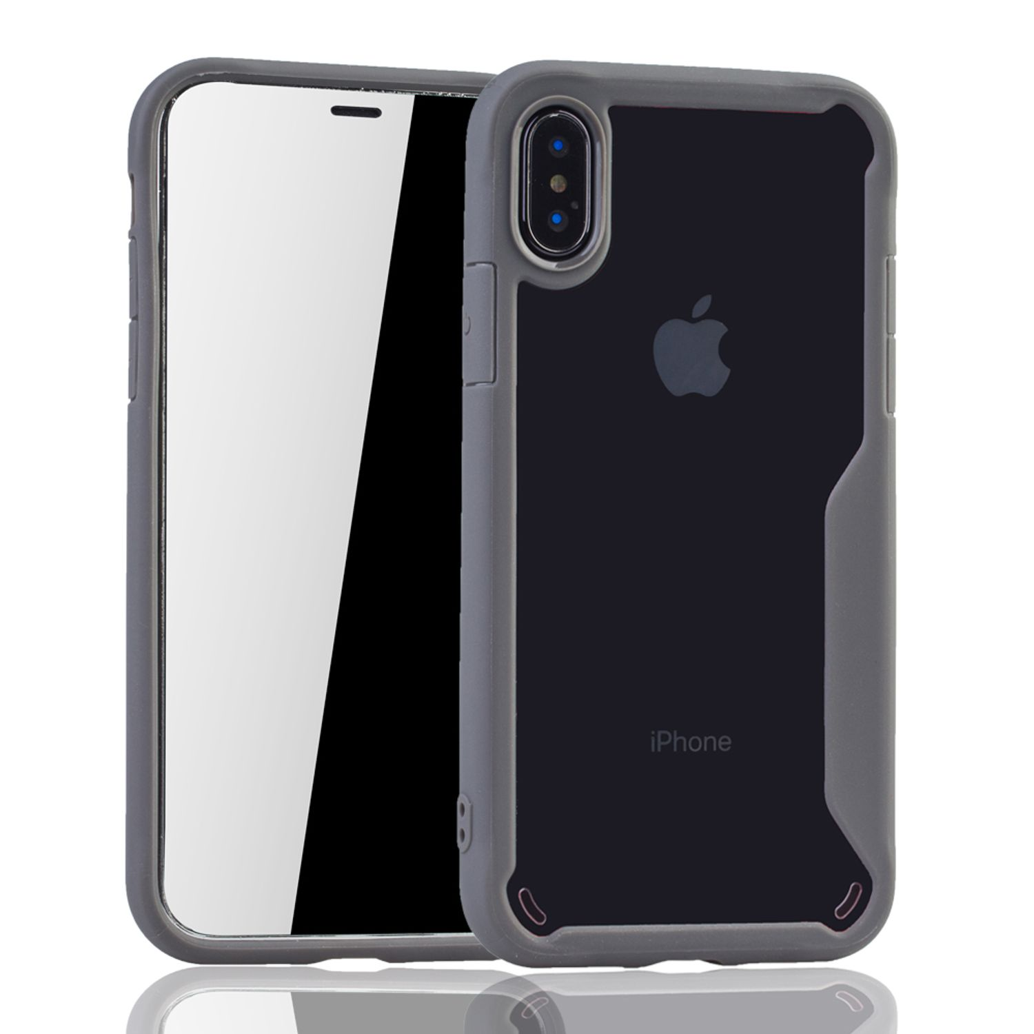 iPhone-Hülle, grauer Rahmen, schwarze Rückseite mit Apple-Logo.