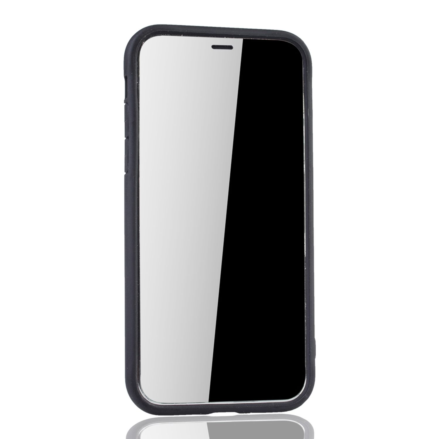 Ein Telefon in einer schwarzen Hülle, mit einem Bildschirm, der das Licht reflektiert.
