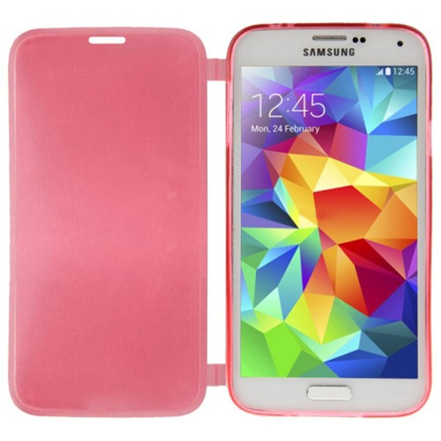 Ein Telefon in einer rosa Hülle. Weißer Hintergrund.