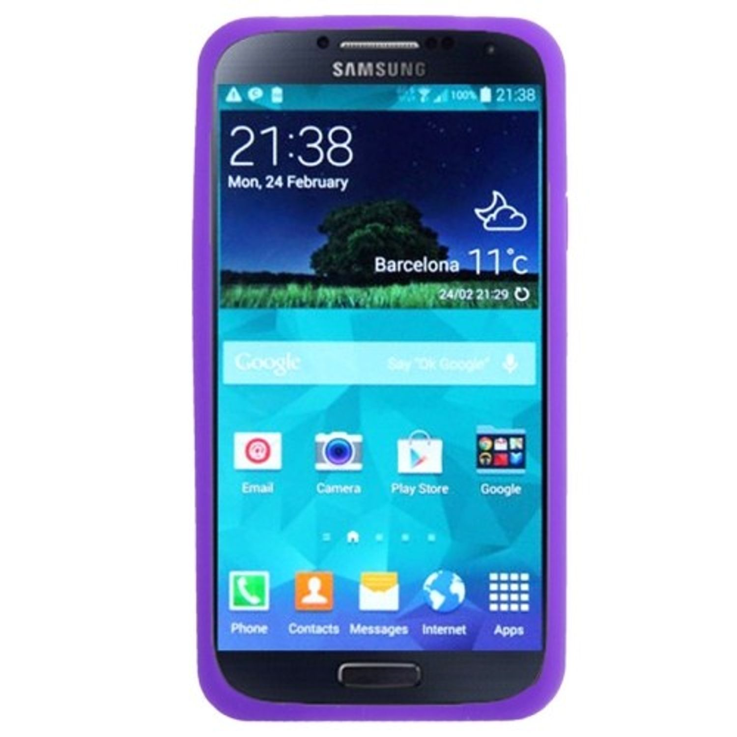 Ein Samsung-Telefon mit lila Hülle, das Zeit, Wetter und App-Symbole anzeigt.