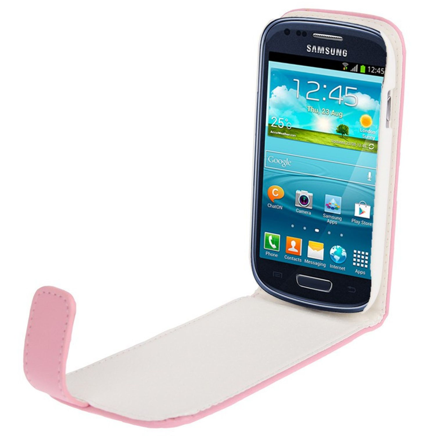 Geöffnete rosa-weiße Handyhülle. Das Telefon zeigt einen Bildschirm mit der Uhrzeit.