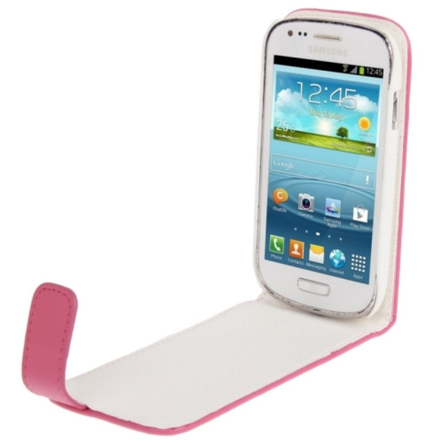 Weißes Smartphone in einer pink-weißem Hülle, offen, zeigt Uhrzeit und Datum.