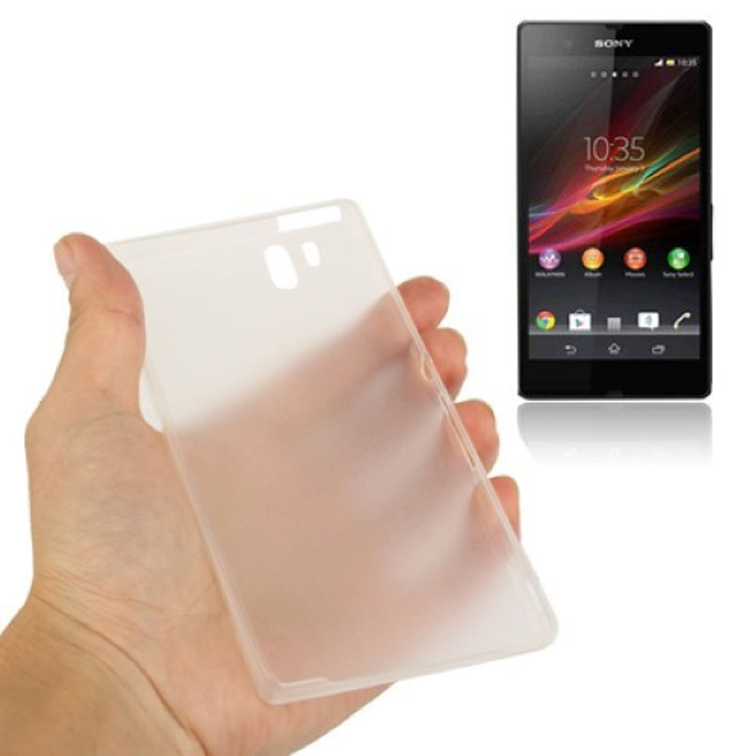 Eine Hand hält eine transparente Handyhülle. Daneben befindet sich ein Telefon.