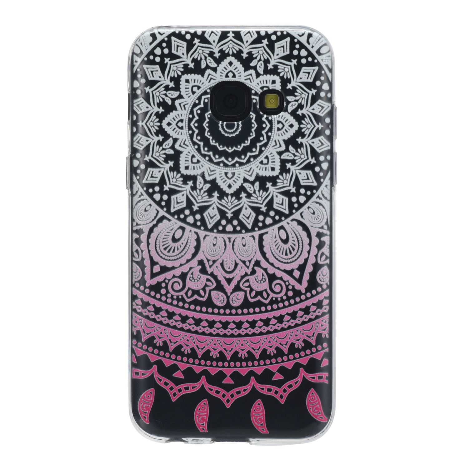 Eine Handyhülle mit einem schwarz-weißen Mandala-Design auf schwarzem Hintergrund.
