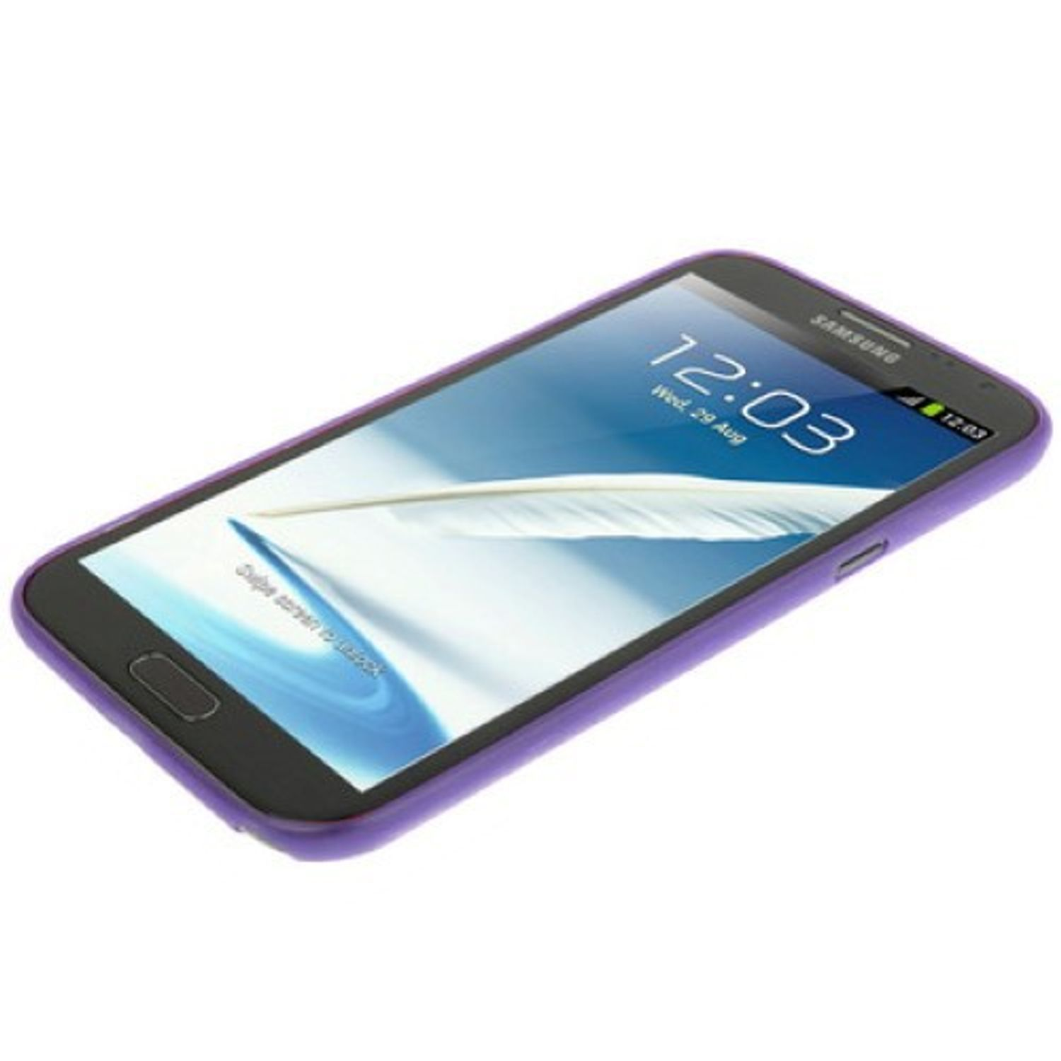 Ein Smartphone mit lila Rand zeigt Zeit und Datum auf dem Bildschirm an.