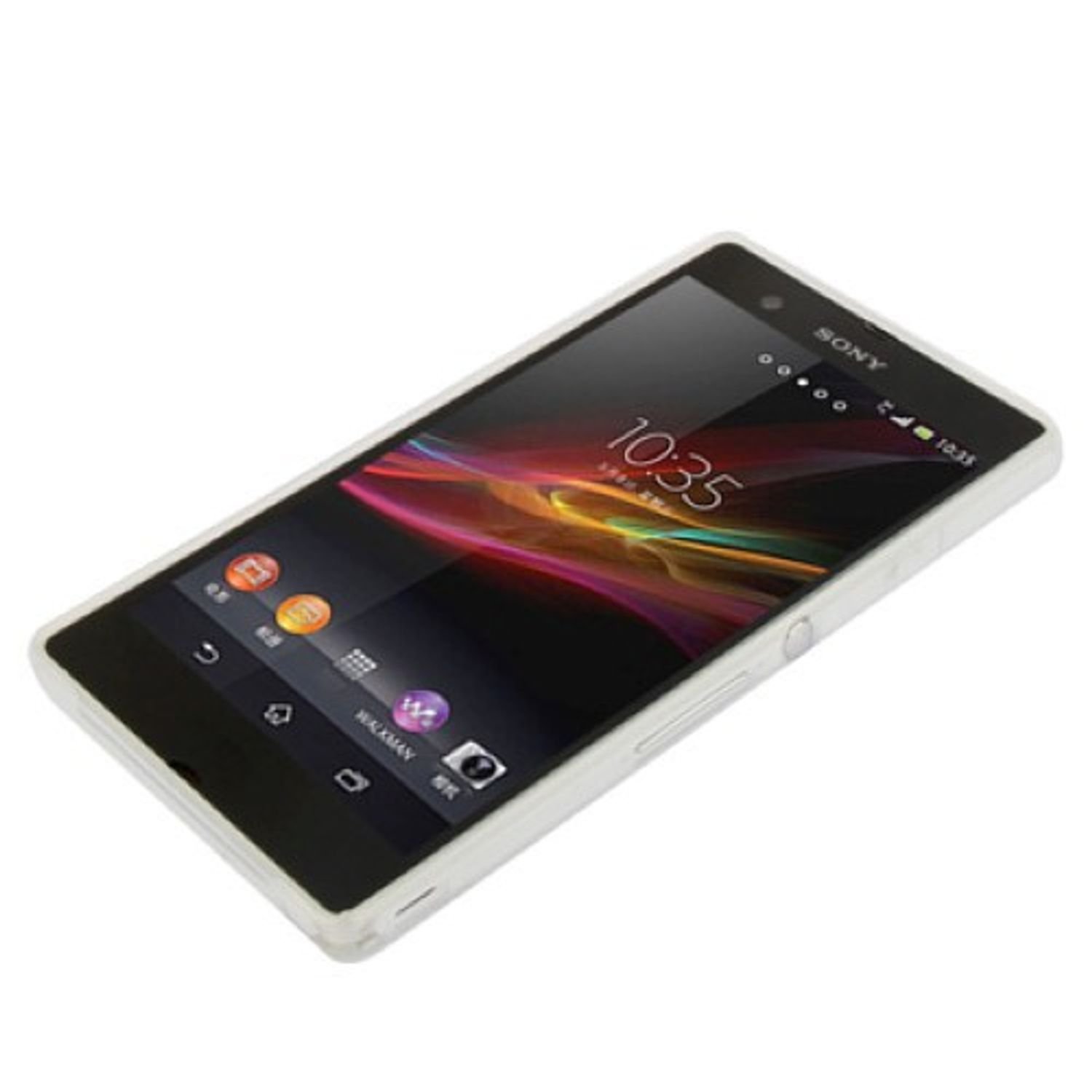 Sony-Telefon auf weißer Oberfläche. Der Bildschirm zeigt buntes abstraktes Design und Zeit.