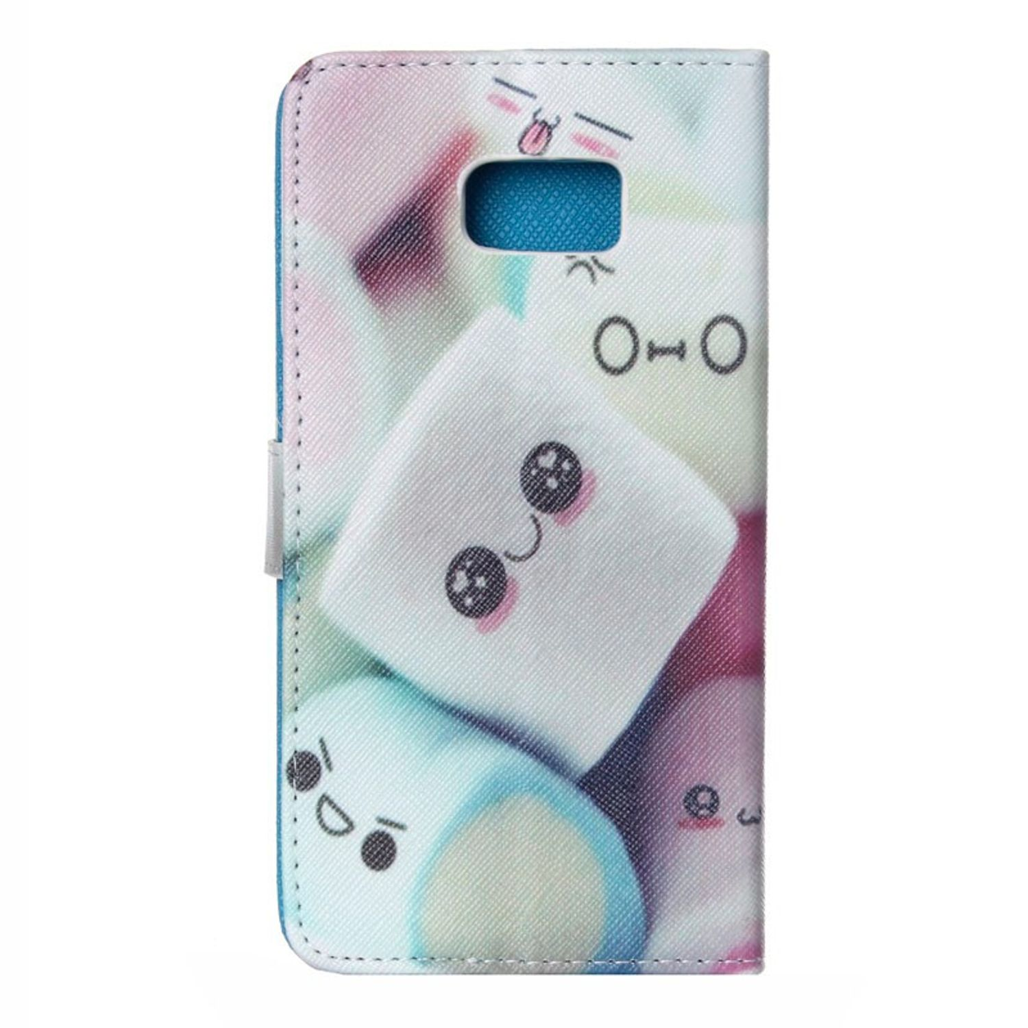 Eine Handyhülle mit Cartoon-Marshmallows. Die Hülle ist offen und zeigt Marshmallow-Gesichter auf weißem Hintergrund.
