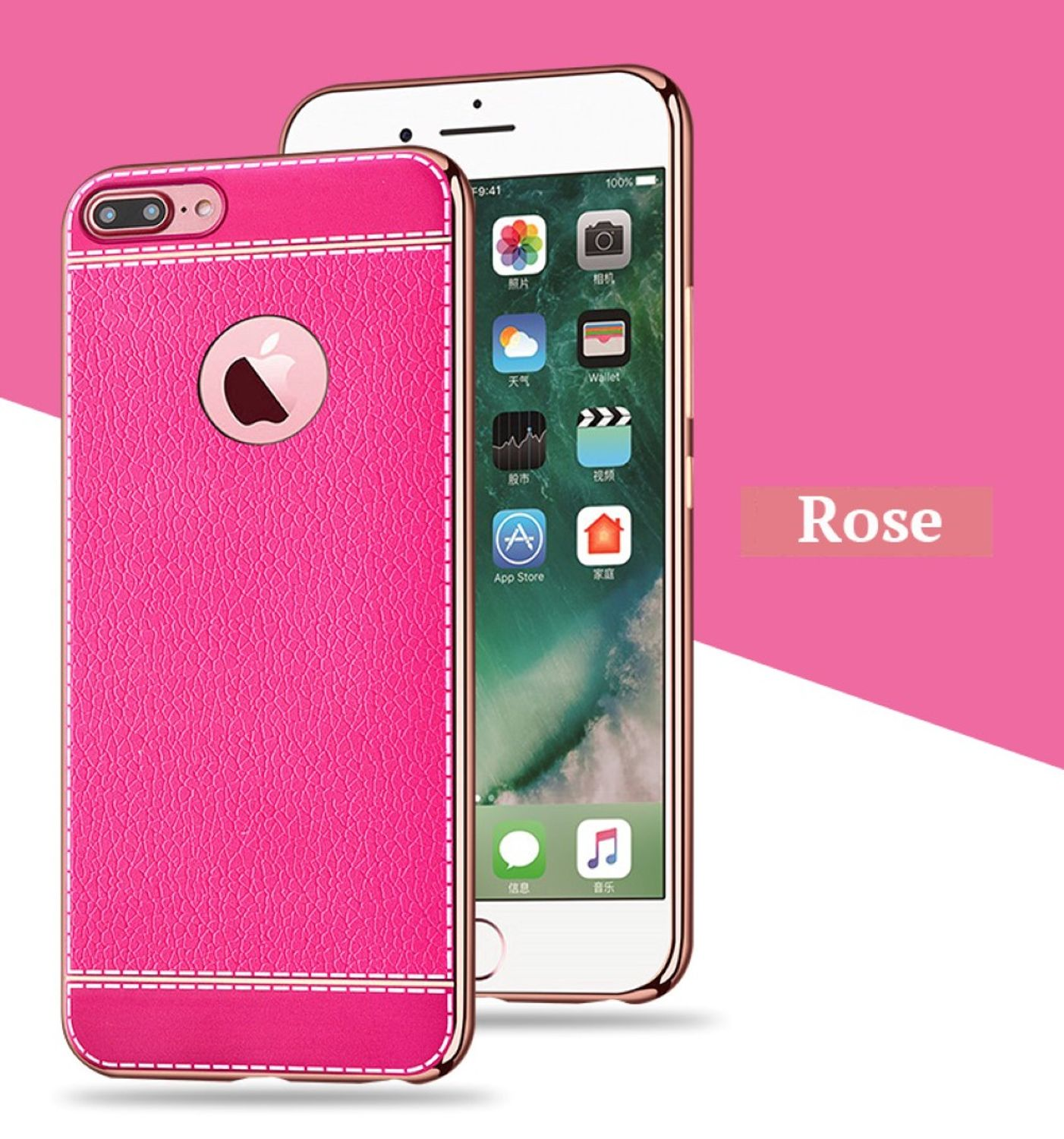 Rosa Handyhülle mit einem Telefon darin. Die Hülle hat eine rosa Lederstruktur.