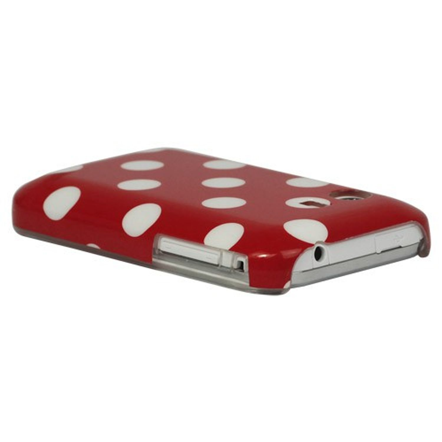Rote Handyhülle mit weißen Polka-Dots. Das Telefon liegt auf weißem Untergrund.