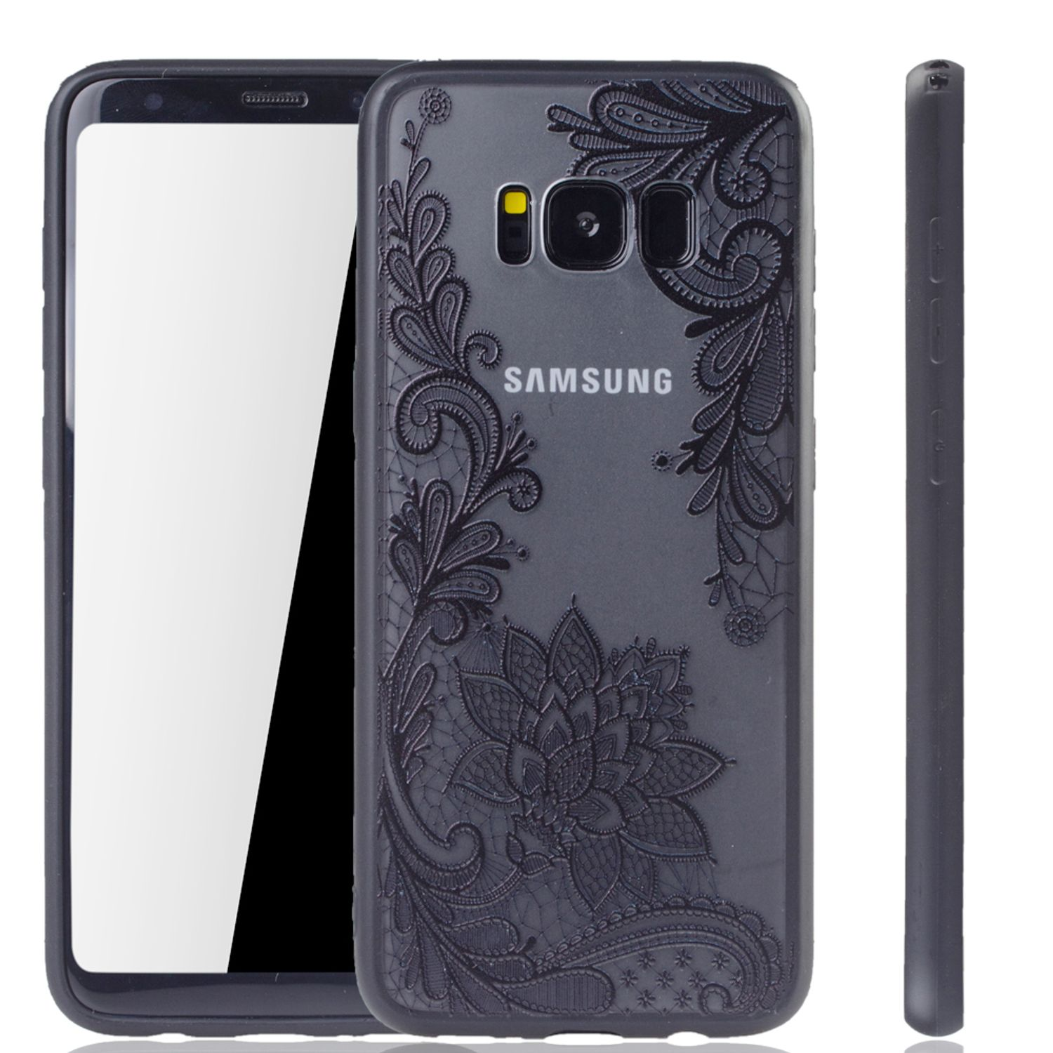 Schwarze Handyhülle mit floralem Design und ein schwarzes Handy daneben.