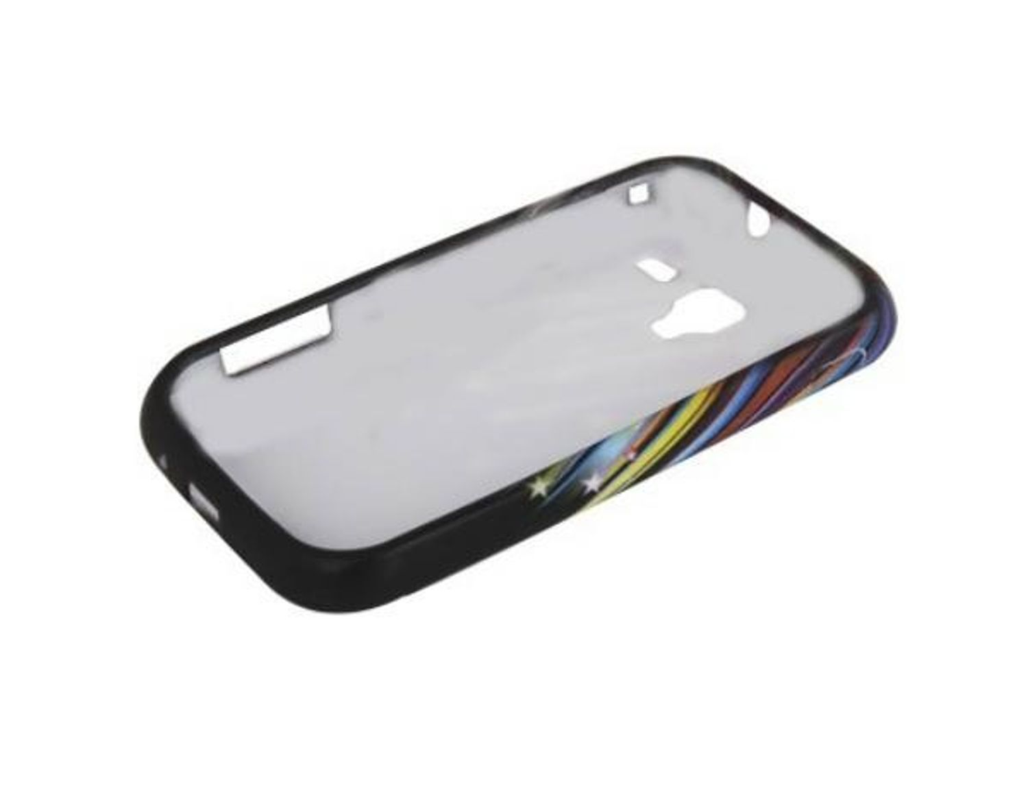 Transparente Handyhülle mit farbenfrohem Design unten. Schwarzer Rand und Aussparungen.