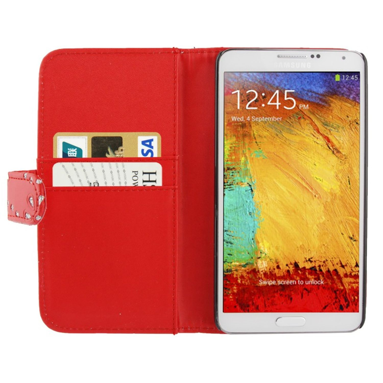 Rote Handyhülle, offen, mit Karten und Telefon. Weißer Hintergrund.
