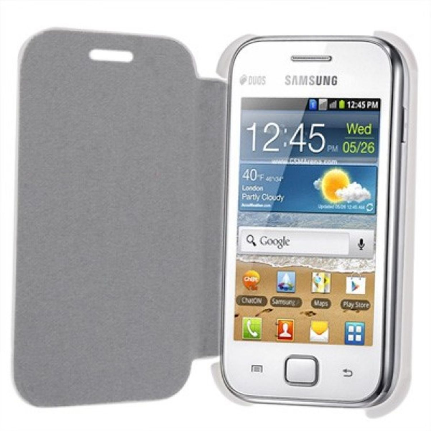 Weißes Samsung Telefon mit geöffneter grauer Klapphülle, das den Bildschirm zeigt.
