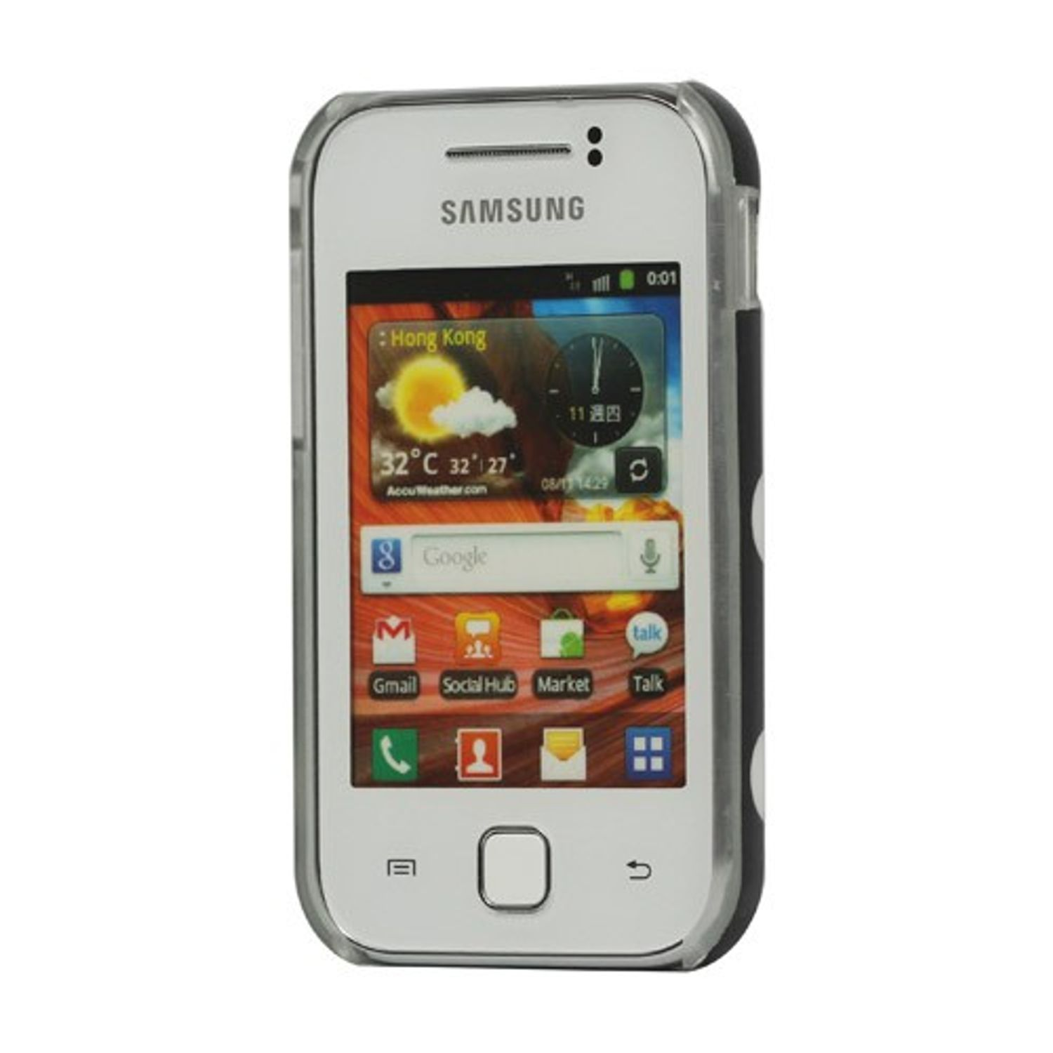 Weißes Samsung-Handy in einer transparenten Hülle. Der Bildschirm zeigt Wetter-App-Icons.