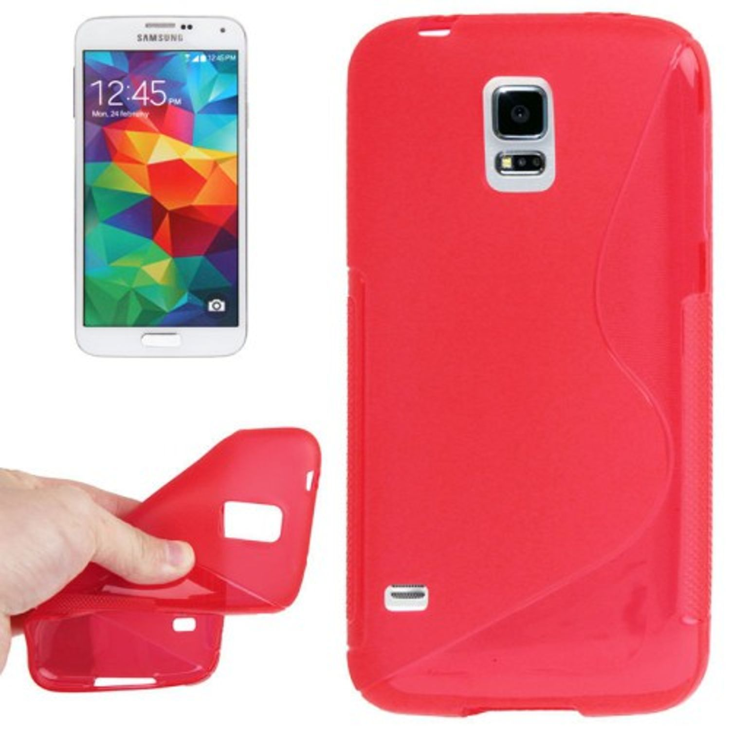 Eine Hand hält eine rote Handyhülle geöffnet. Ein Telefon ist daneben, und eine rote Hülle an der Seite.