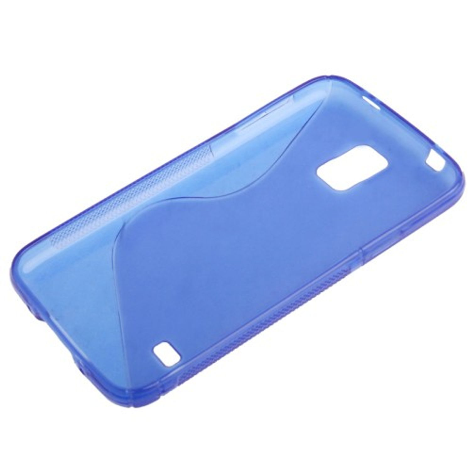 Blaue Handyhülle mit Löchern für Kamera und Anschlüsse. Weißer Hintergrund.
